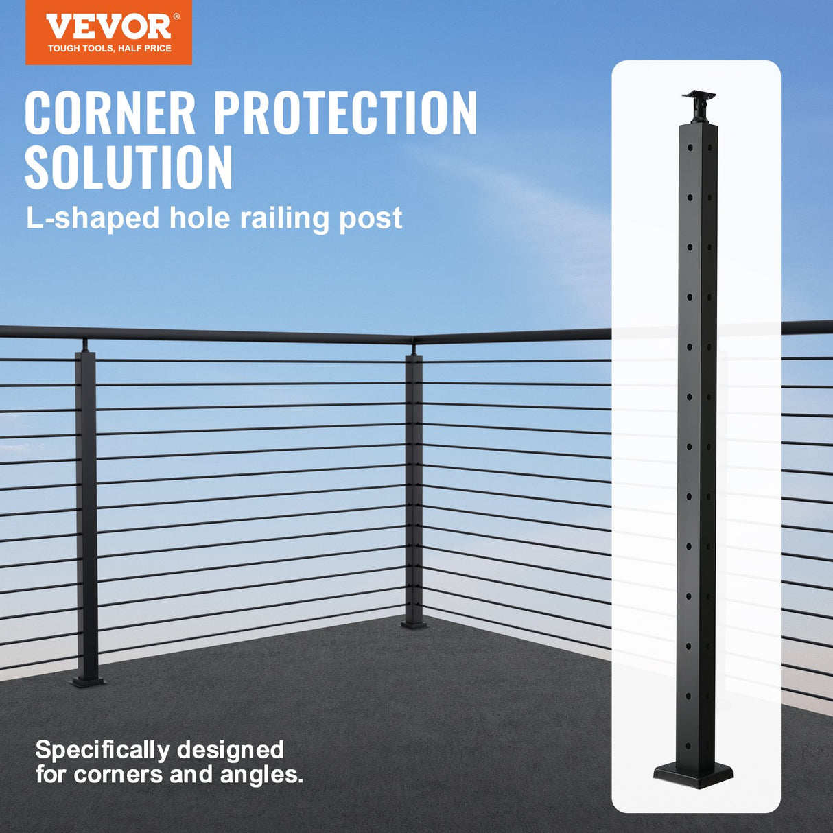 VEVOR Cable Railing Post, 42" x 1" x 2" Steel L-Shaped Hole Corner Railing Post, 12 Pre-Drilled Holes, SUS304 Stainless Steel Cable Rail Post with