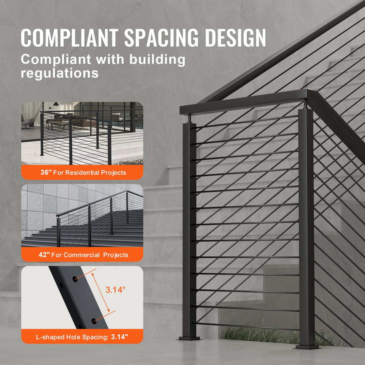 VEVOR Cable Railing Post, 42" x 1" x 2" Steel L-Shaped Hole Corner Railing Post, 12 Pre-Drilled Holes, SUS304 Stainless Steel Cable Rail Post with Horizontal and Curved Bracket, 1-Pack, Black, 106.7*2.5*5 cm