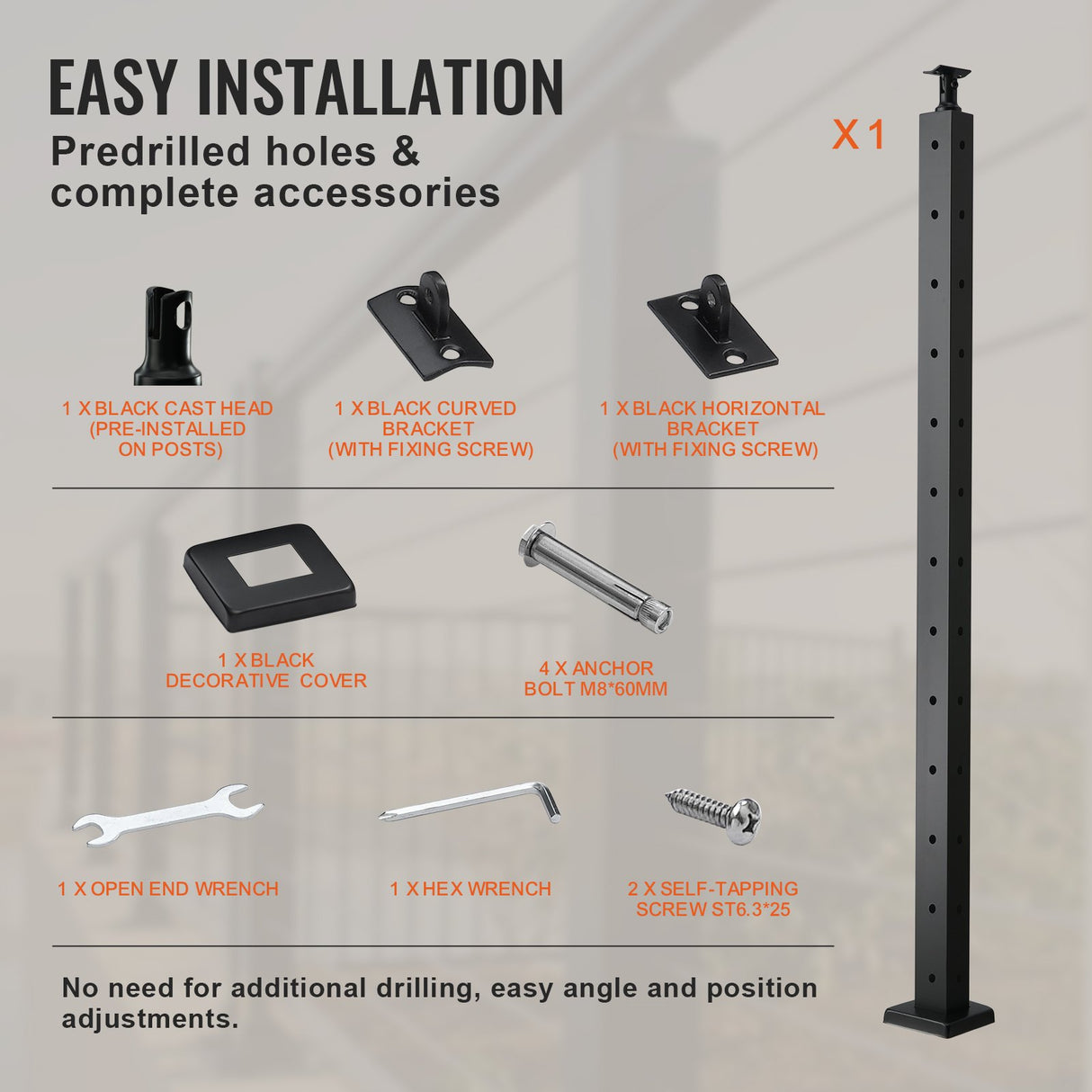 VEVOR Cable Railing Post, 42" x 1" x 2" Steel L-Shaped Hole Corner Railing Post, 12 Pre-Drilled Holes, SUS304 Stainless Steel Cable Rail Post with Horizontal and Curved Bracket, 1-Pack, Black, 106.7*2.5*5 cm