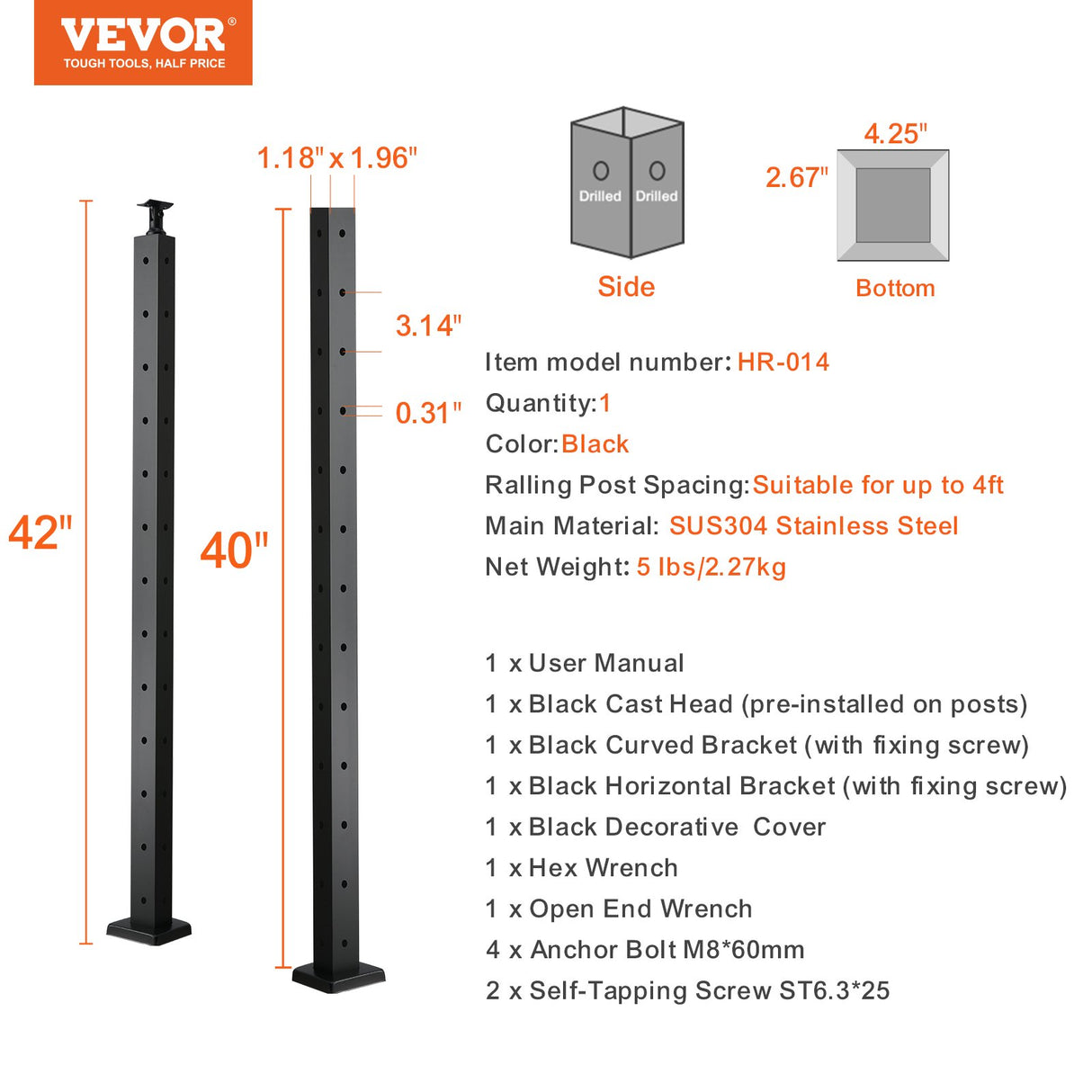 VEVOR Cable Railing Post, 42" x 1" x 2" Steel L-Shaped Hole Corner Railing Post, 12 Pre-Drilled Holes, SUS304 Stainless Steel Cable Rail Post with