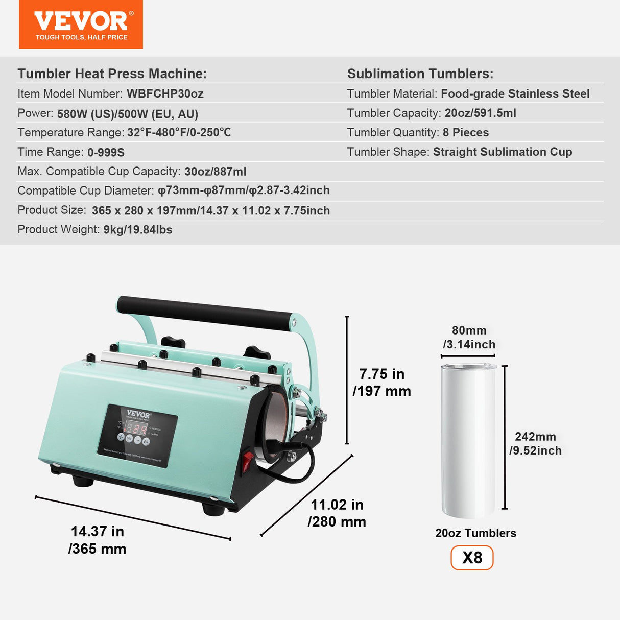 Tumbler Heat Press Machine and Sublimation Tumblers, Tumbler Press Set with 8pcs 20OZ Blank Tumblers, Mug Press Cup Press for 11-30oz Tumblers Mug, with Heat Transfer Paper, Gloves, Tape