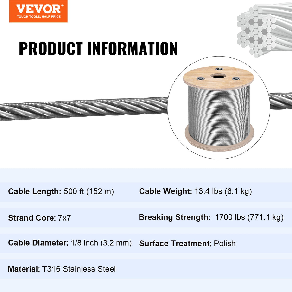 VEVOR 1/8 Stainless Steel Cable Railing 500ft, Wire Rope 316 Marine Grade, Braided Aircraft Cable 7x7 Strands Construction for Deck Rail Balusters