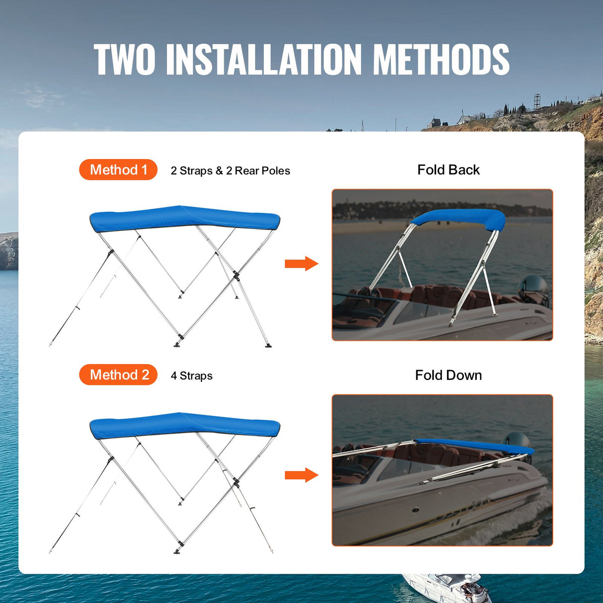 VEVOR 3 Bow Bimini Top Boat Cover, 900D Polyester Canopy with 1" Aluminum Alloy Frame, Waterproof and Sun Shade, Includes Storage Boot, 2 Support