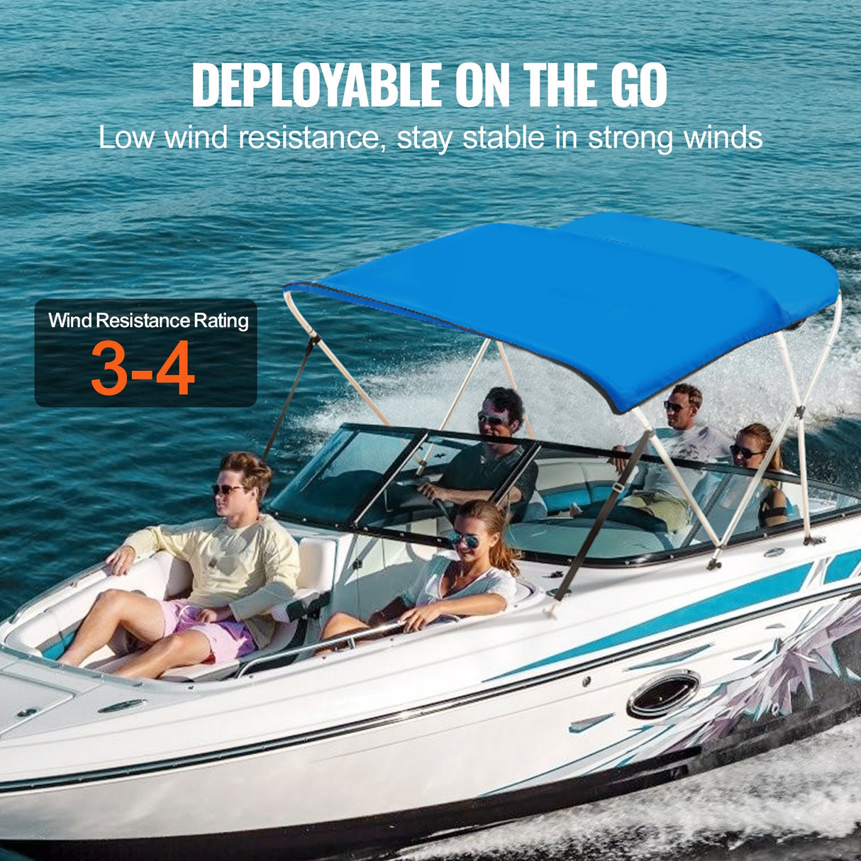 VEVOR 3 Bow Bimini Top Boat Cover, 900D Polyester Canopy with 1" Aluminum Alloy Frame, Waterproof and Sun Shade, Includes Storage Boot, 2 Support