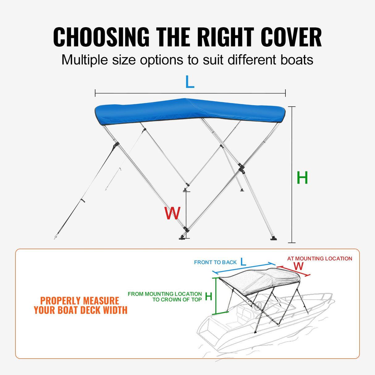 VEVOR 3 Bow Bimini Top Boat Cover, 900D Polyester Canopy with 1" Aluminum Alloy Frame, Waterproof and Sun Shade, Includes Storage Boot, 2 Support