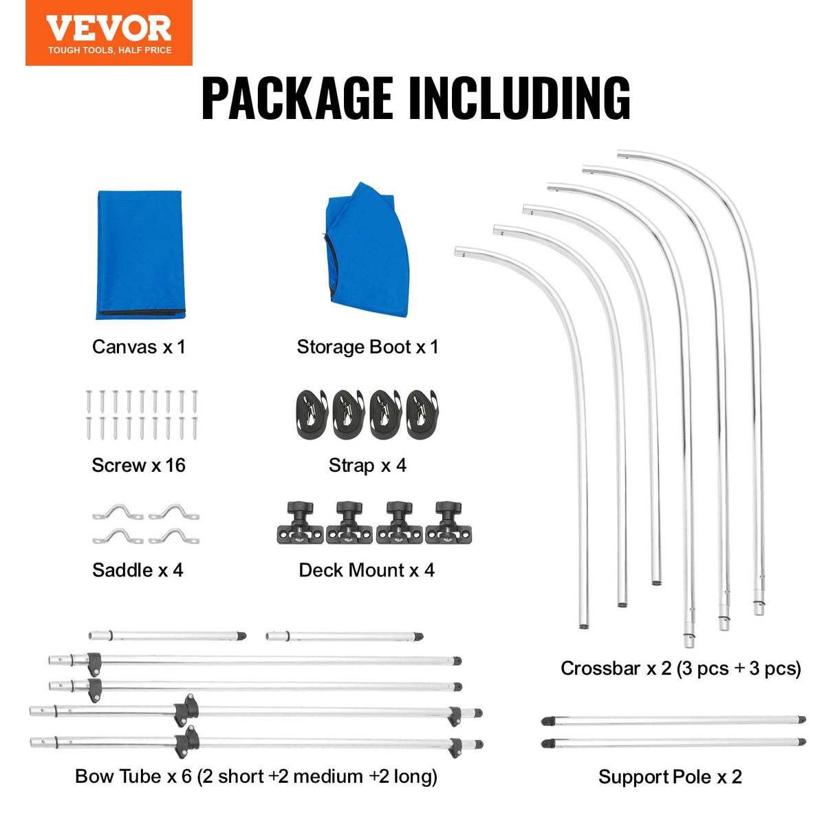 VEVOR 3 Bow Bimini Top Boat Cover, 900D Polyester Canopy with 1" Aluminum Alloy Frame, Waterproof and Sun Shade, Includes Storage Boot, 2 Support