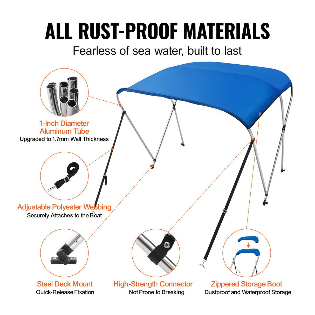 VEVOR 3 Bow Bimini Top Boat Cover, 900D Polyester Canopy with 1" Aluminum Alloy Frame, Waterproof and Sun Shade, Includes Storage Boot, 2 Support