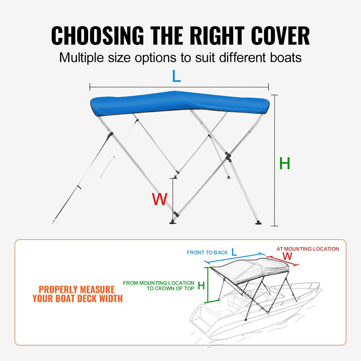 VEVOR 3 Bow Bimini Top Boat Cover, 900D Polyester Canopy with 1" Aluminum Alloy Frame, Waterproof and Sun Shade, Includes Storage Boot, 2 Support