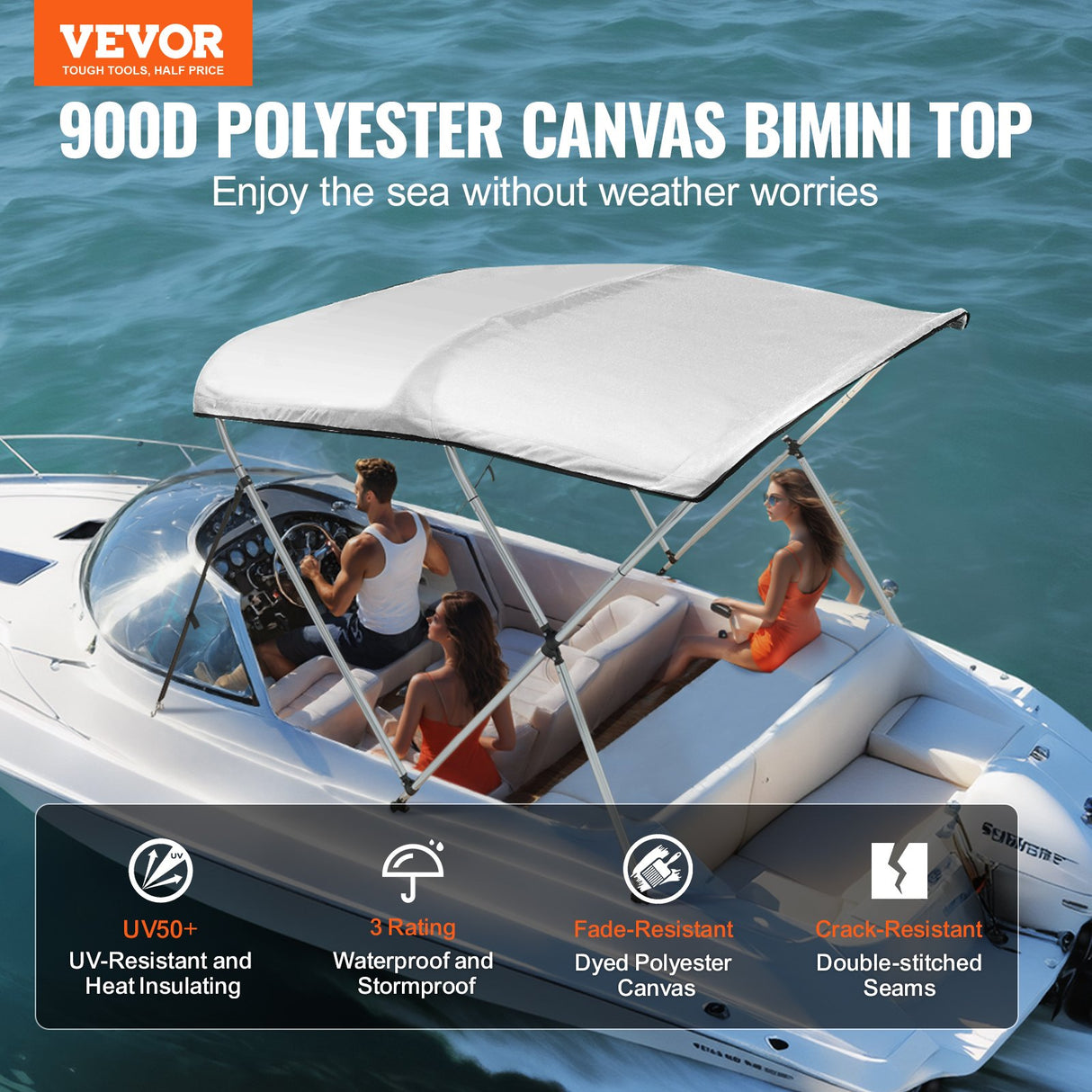 VEVOR 3 Bow Bimini Top Boat Cover, 900D Polyester Canopy with 1" Aluminum Alloy Frame, Waterproof and Sun Shade, Includes Storage Boot, 2 Support