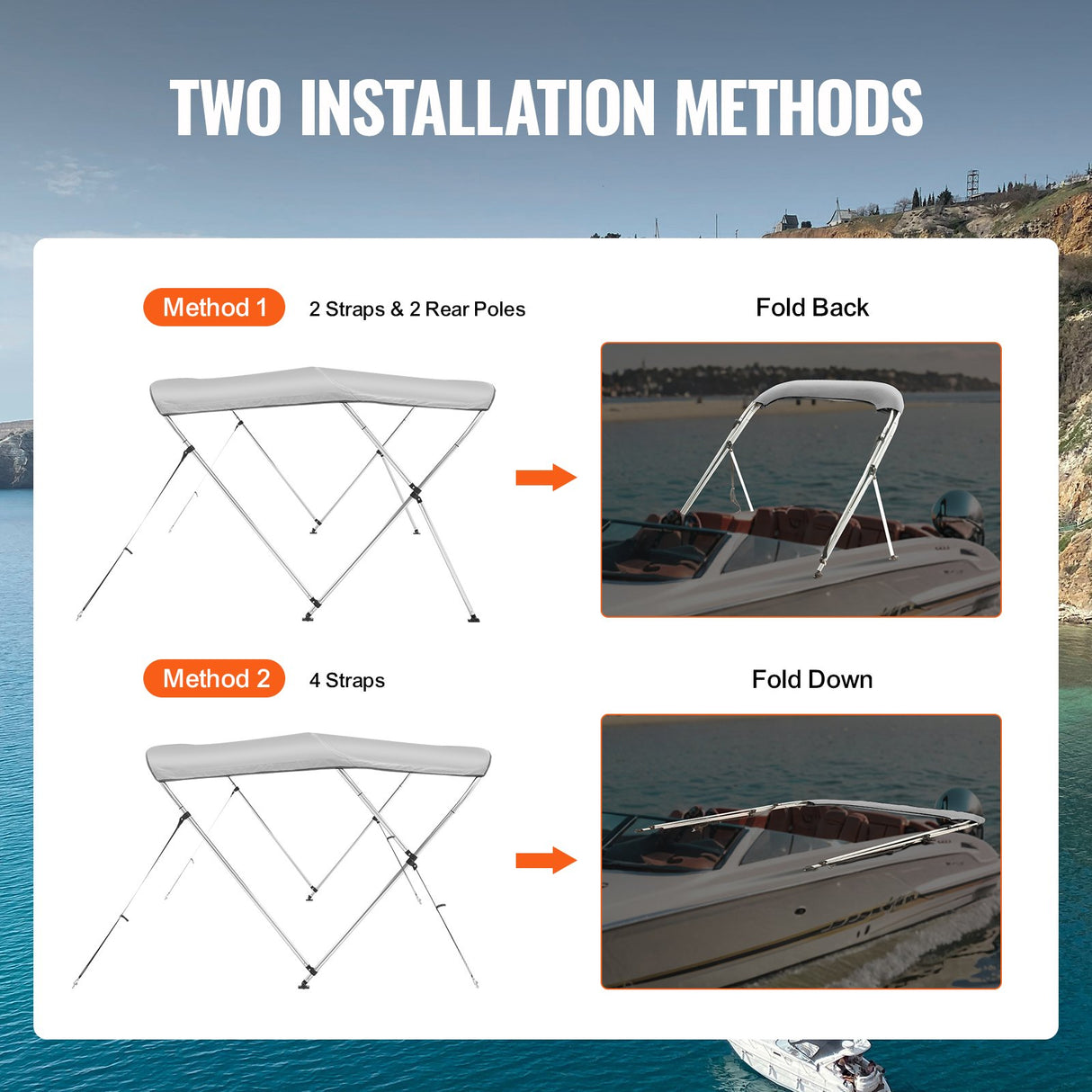 VEVOR 3 Bow Bimini Top Boat Cover, 900D Polyester Canopy with 1" Aluminum Alloy Frame, Waterproof and Sun Shade, Includes Storage Boot, 2 Support