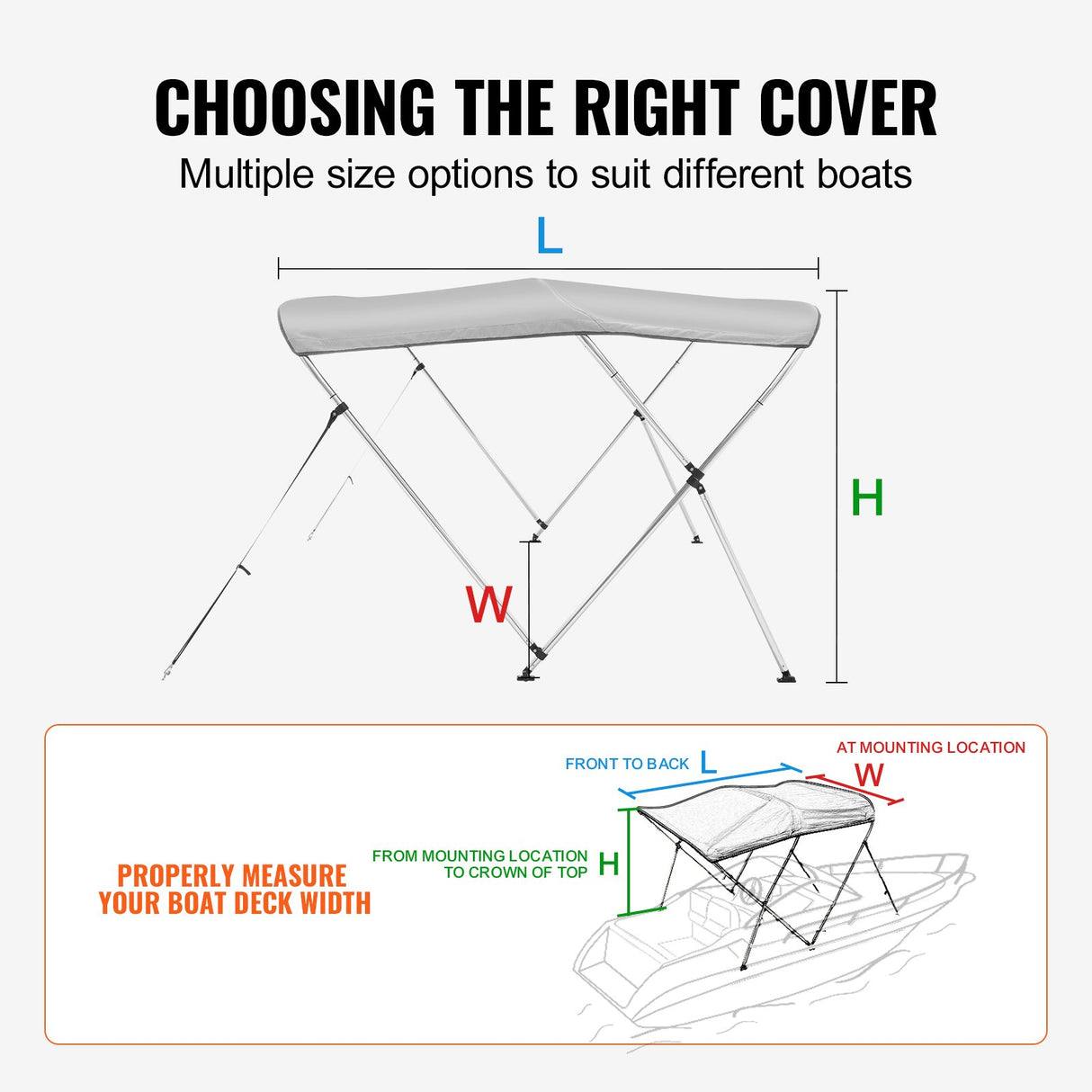 3 Bow Bimini Top Boat Cover, 900D Polyester Canopy with 1" Aluminum Alloy Frame, Waterproof and Sun Shade, Includes Storage Boot, 2 Support Poles, 4 Straps, 6'L x 46"H x 67"-72"W, Light Grey
