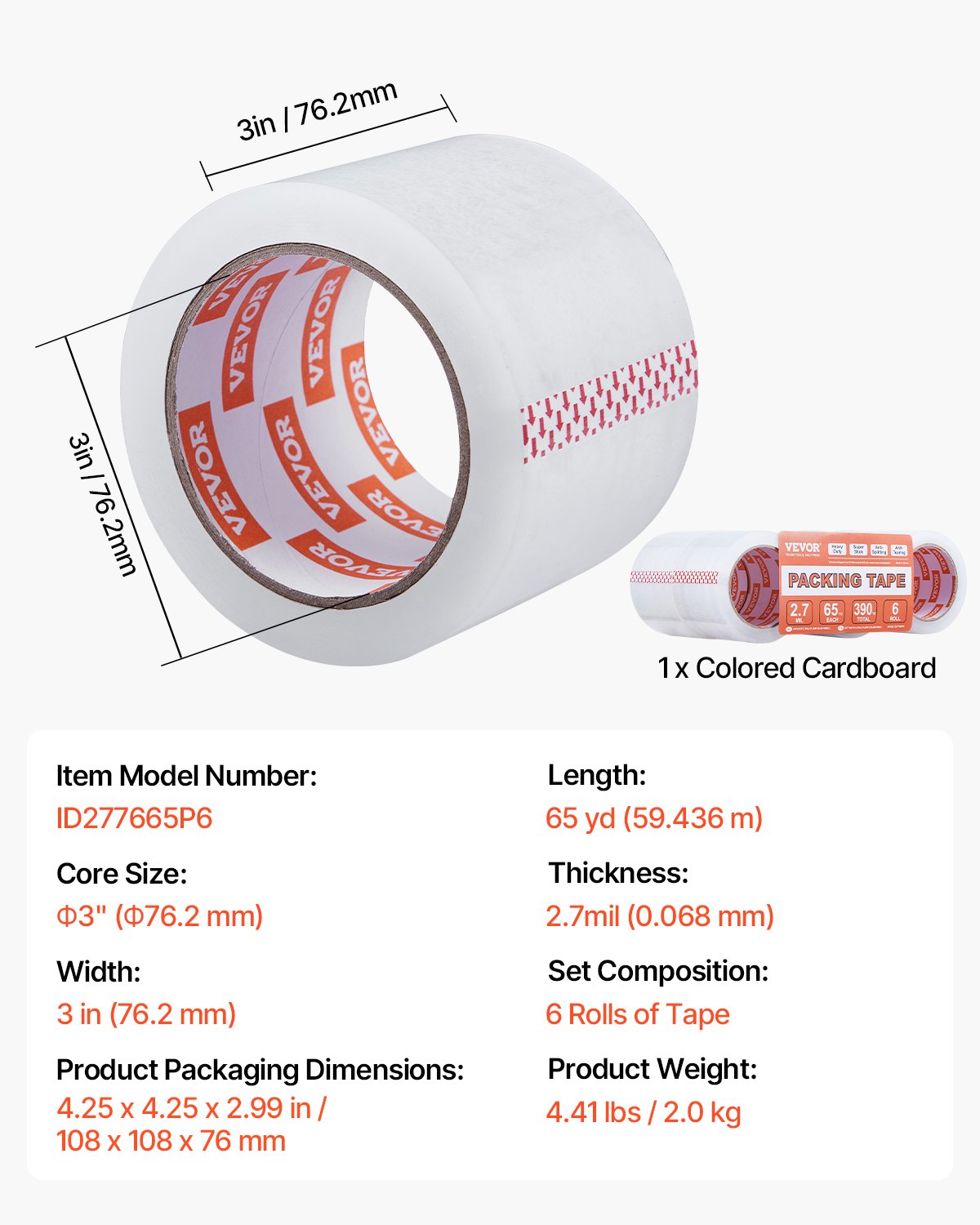 VEVOR Clear Packing Tape 6 Rolls 65 Yards Heavy Duty Clear Packing Tapes 2.7 Mil