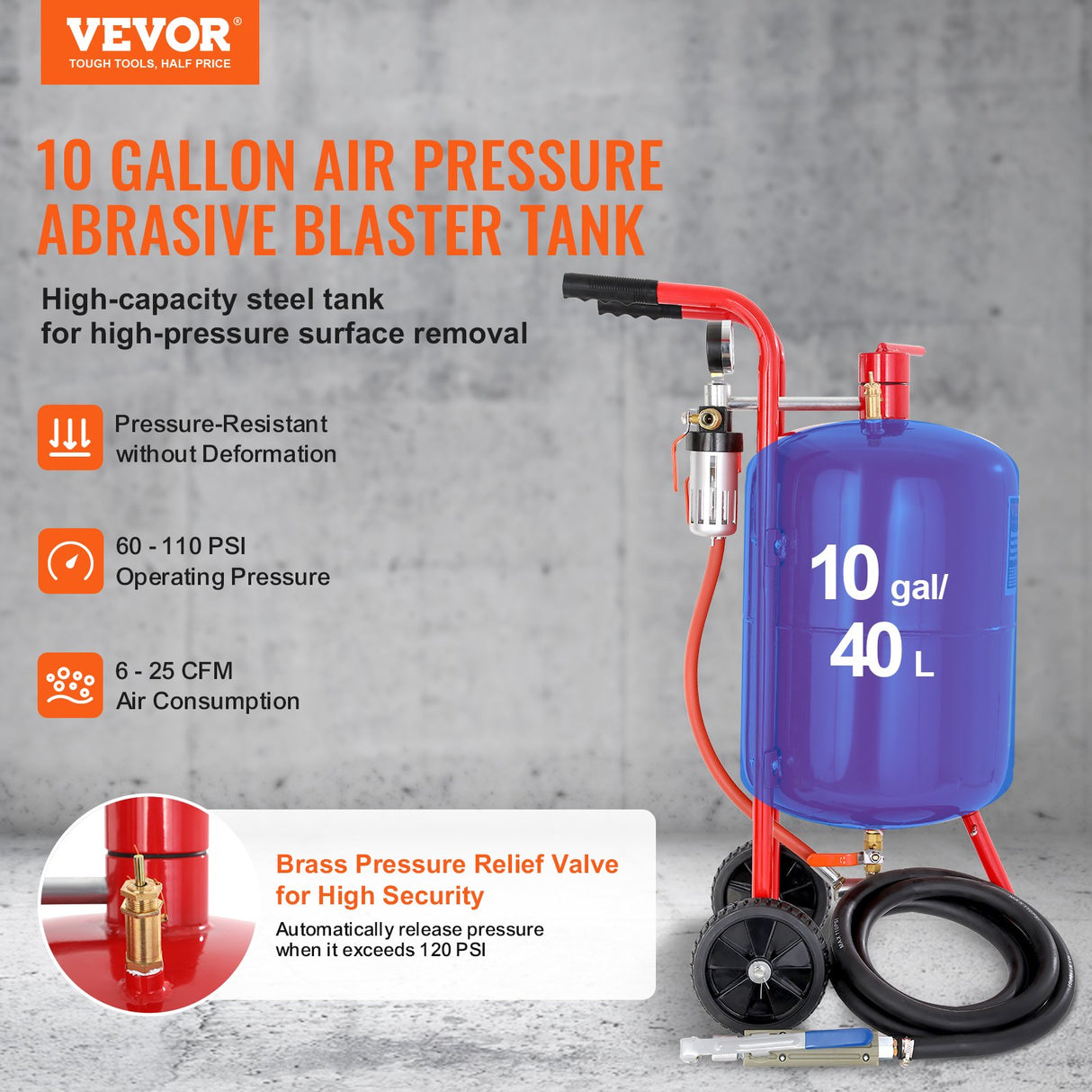 VEVOR 10Gal/40L Sandblaster Equipped w/Nozzle Shut-Off Valve Pressure Gauge Ceramic Nozzle Rubber Wheels Grit Power Sand Blasters Portable Sandblasting Equipment
