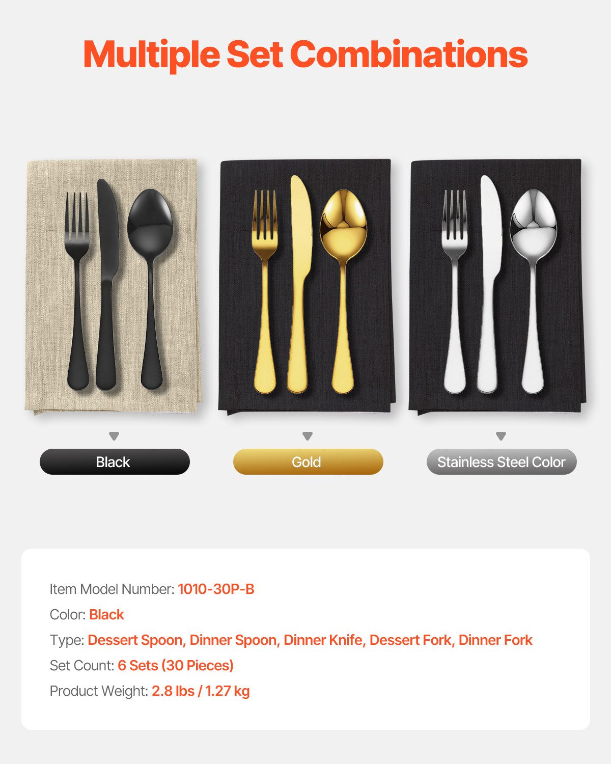 VEVOR 30-Piece Black Silverware Set, Food-Grade Stainless Steel Flatware Utensils for 6, Mirror Finished Cutlery Set, Dishwasher Safe Eating Tableware for Kitchen Home, Include Knife Fork Spoon