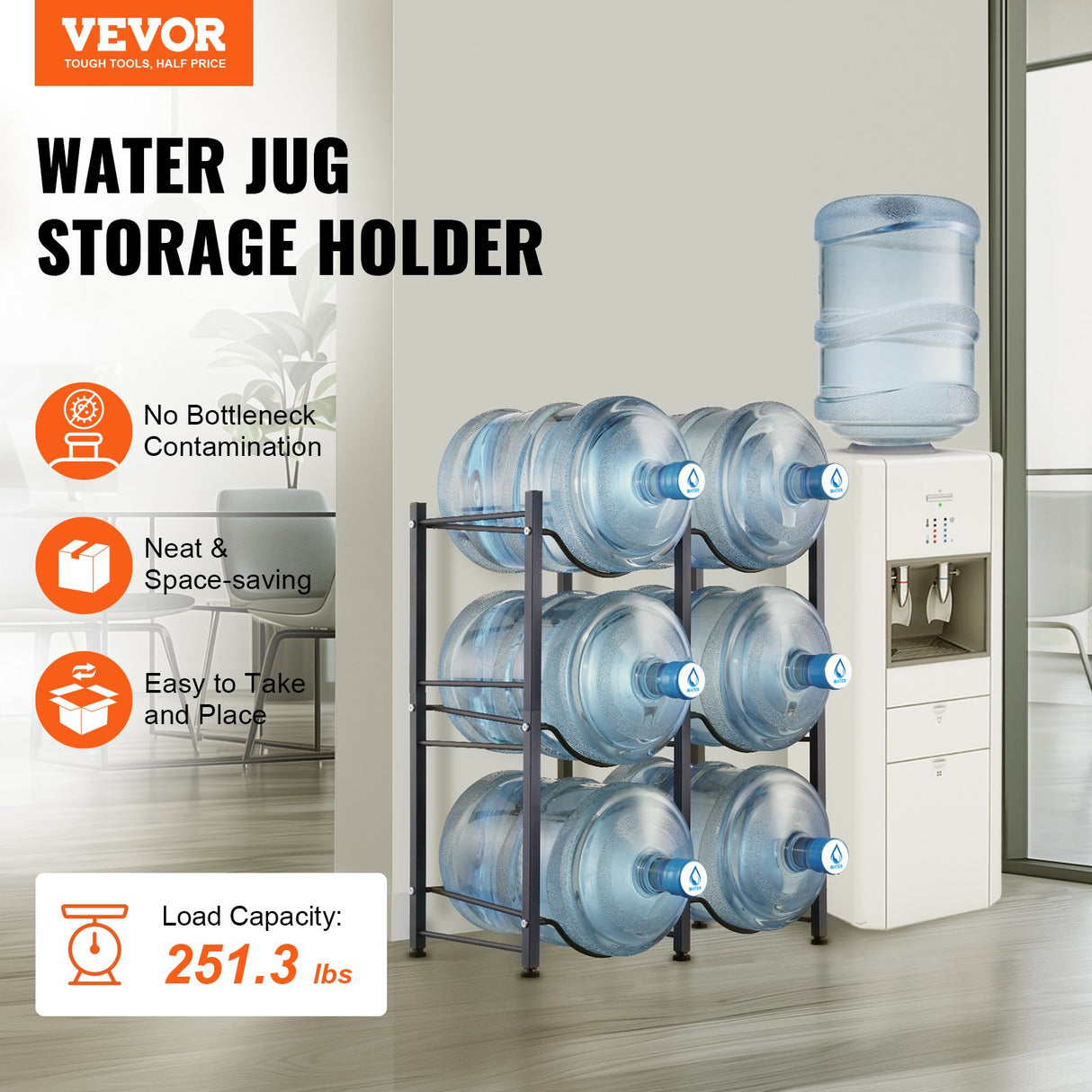 VEVOR 3 Tiers Water Jug Holder, 5 Gallon Water Bottle Holder, Double Row Water Bottle Rack for 6 Bottles, Heavy Duty Water Jug Rack for Kitchen, Office, Living Room, Black