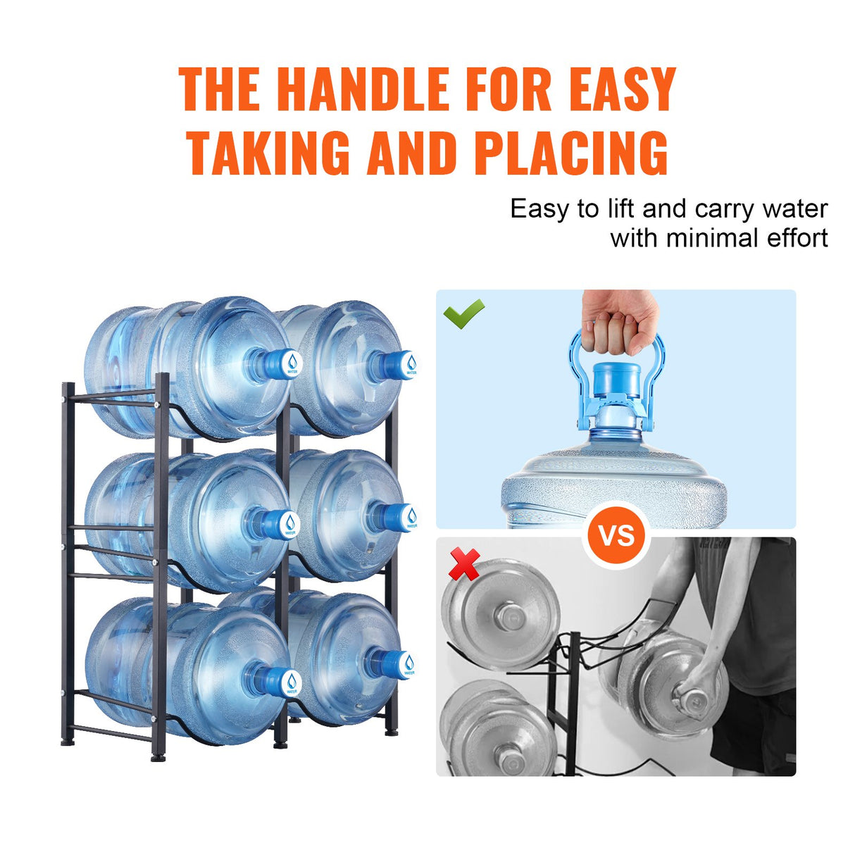 3 Tiers Water Jug Holder, 5 Gallon Water Bottle Holder, Double Row Water Bottle Rack for 6 Bottles, Heavy Duty Water Jug Rack for Kitchen, Office, Living Room, Black