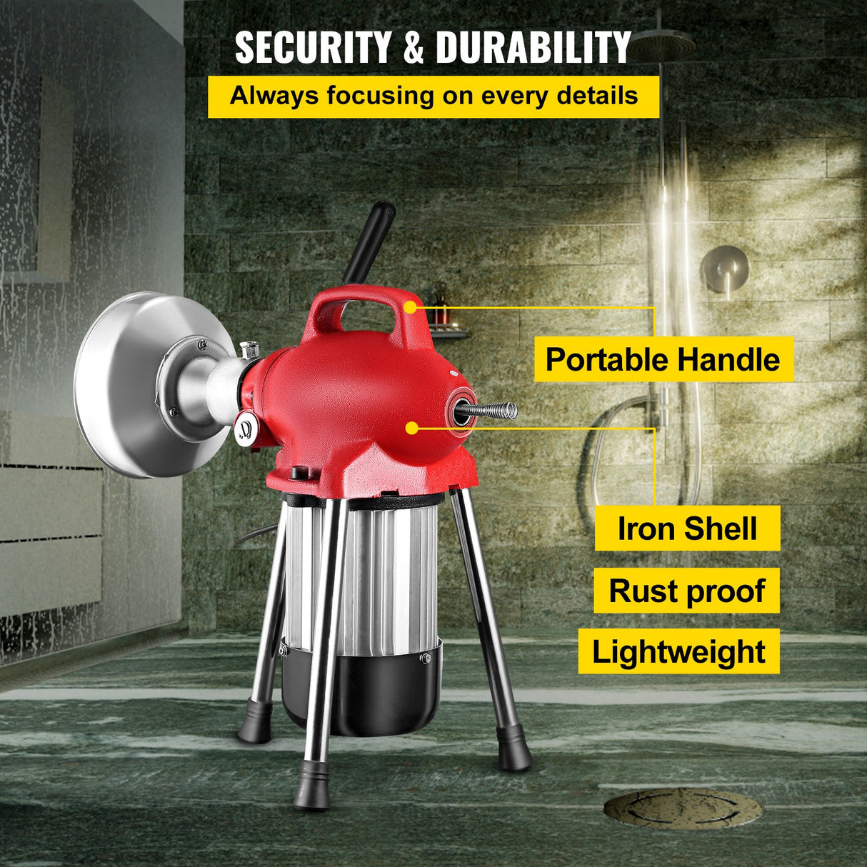 VEVOR 0.75-4 Inch Sectional Pipe Drain Cleaning Machine 400PRM Snake Cleaner Pipe Drain Cleaning Machine with 66 Ft x 0.67 Inch Galvanize Cable Heavy Duty