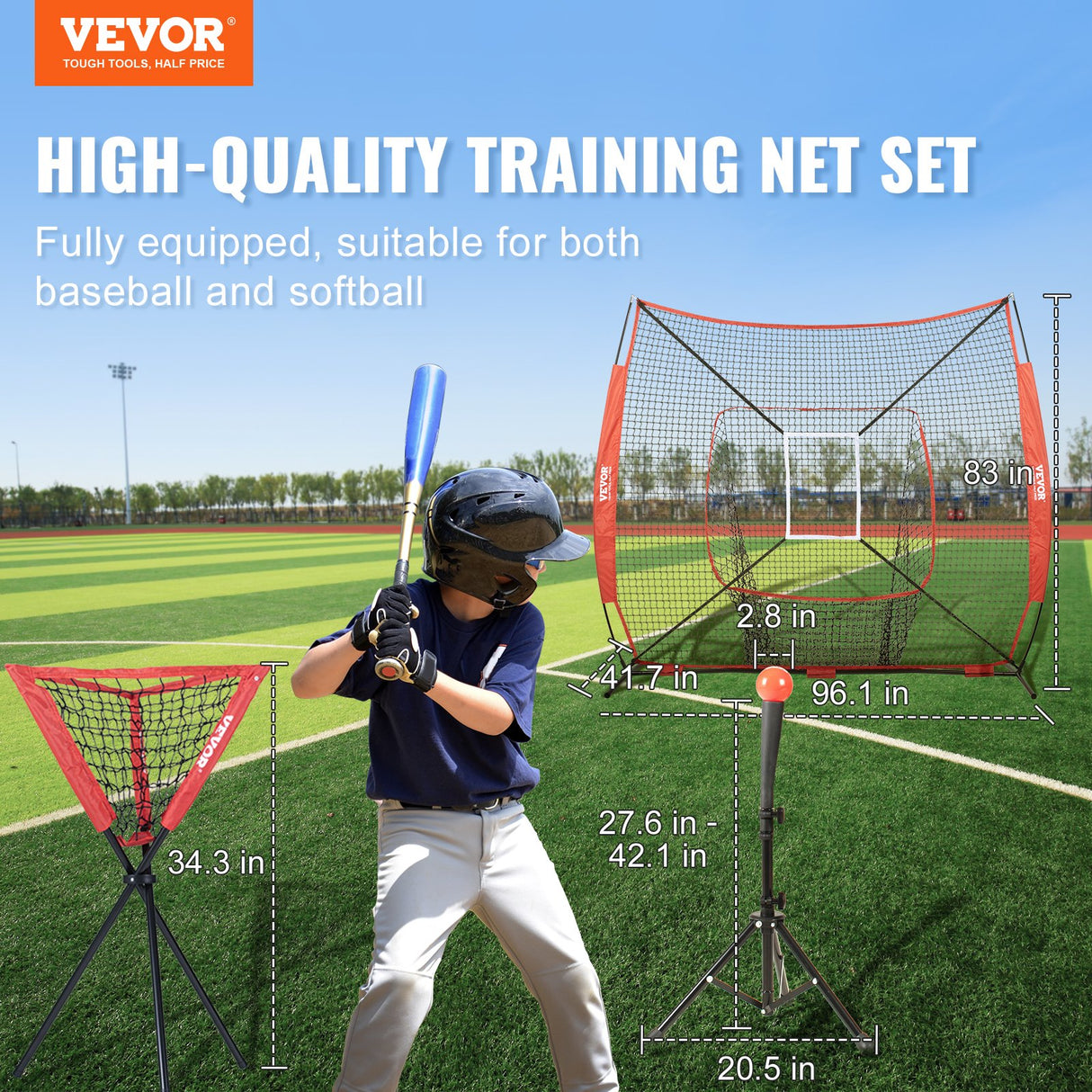 VEVOR 7x7 Baseball Softball Practice Net, Portable Baseball Training Net for Hitting Catching Pitching, Backstop Baseball Equipment with Bow Frame,