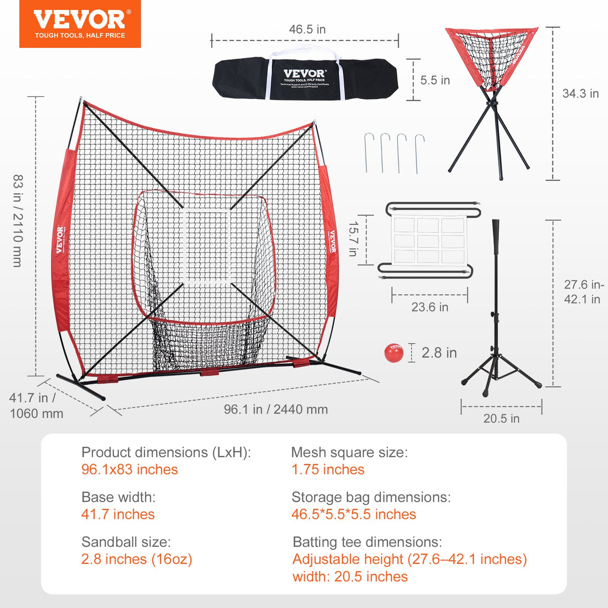 VEVOR 7x7 Baseball Softball Practice Net, Portable Baseball Training Net for Hitting Catching Pitching, Backstop Baseball Equipment with Bow Frame,