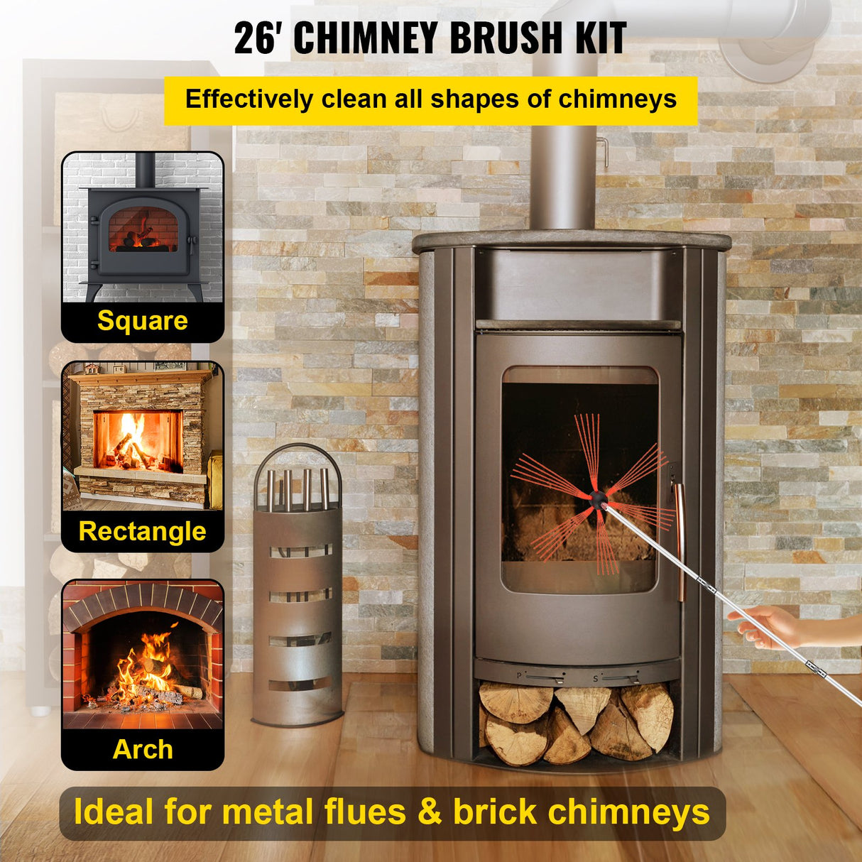 VEVOR Chimney Sweeping Brush Rotary Chimney Brush 315Inch Chimney Brush Rod Kit 8 Rods with Nylon Flexible Rods (8 Rods)
