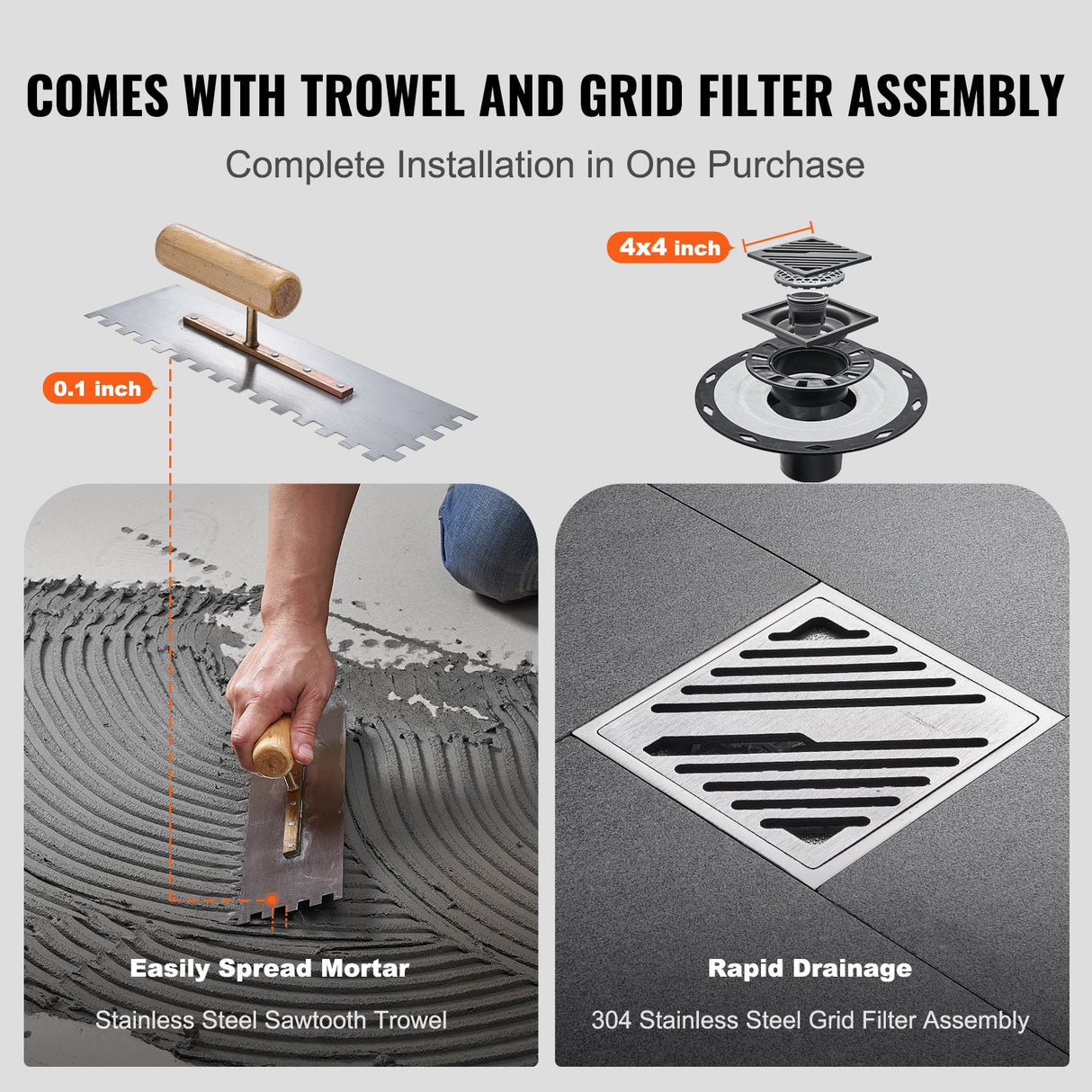 VEVOR Shower Curb Kit, 1828x1828mm, 72"x72" Shower Pan Kit with 50.8mm ABS Central Flange, 101.6mm Stainless Steel Grate, Waterproof Shower Curb &