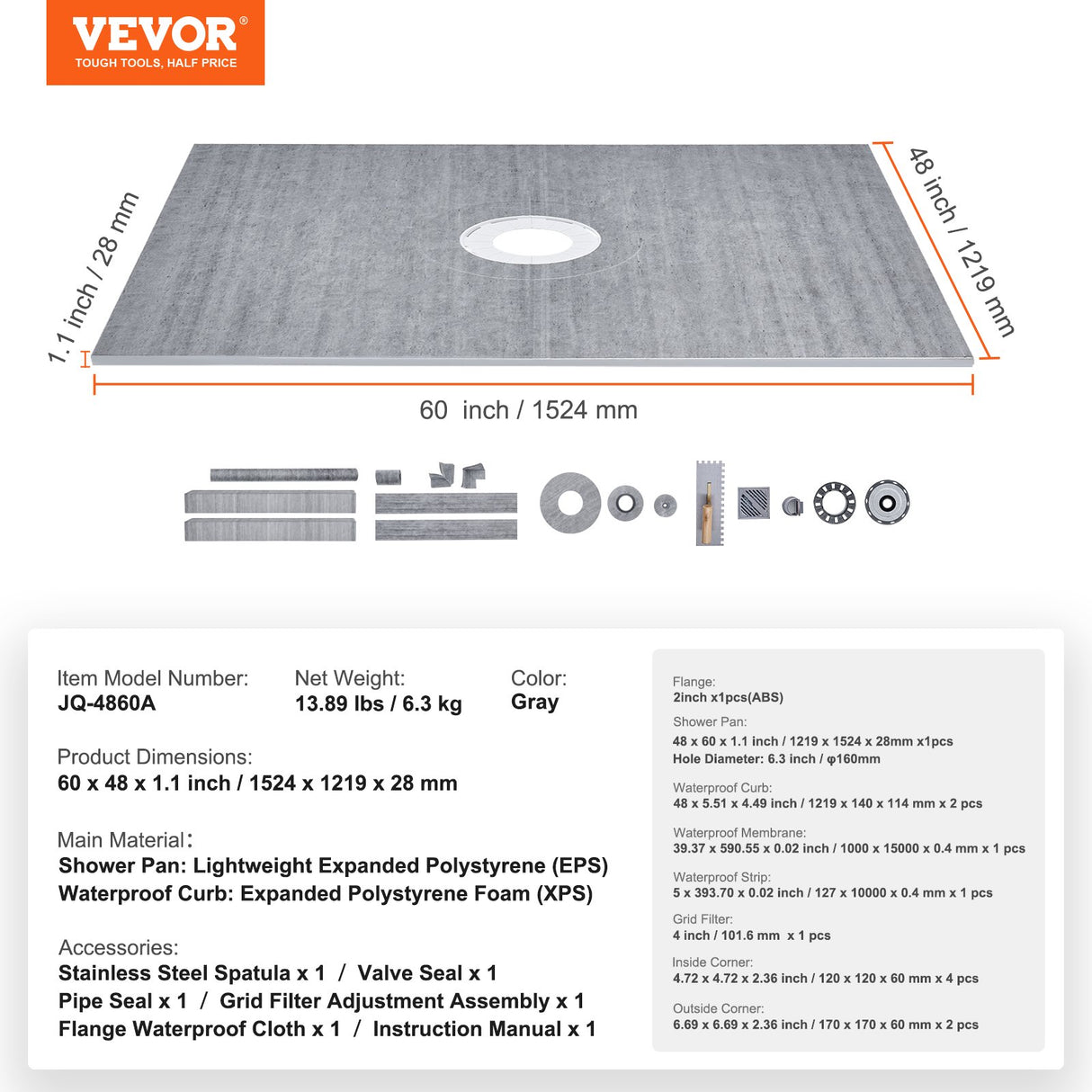 VEVOR Shower Curb Kit, 1219x1524mm, 60"x48" Shower Pan Kit with 50.8mm ABS Central Flange, Waterproof Membrane, Stainless Steel Grate and Joint