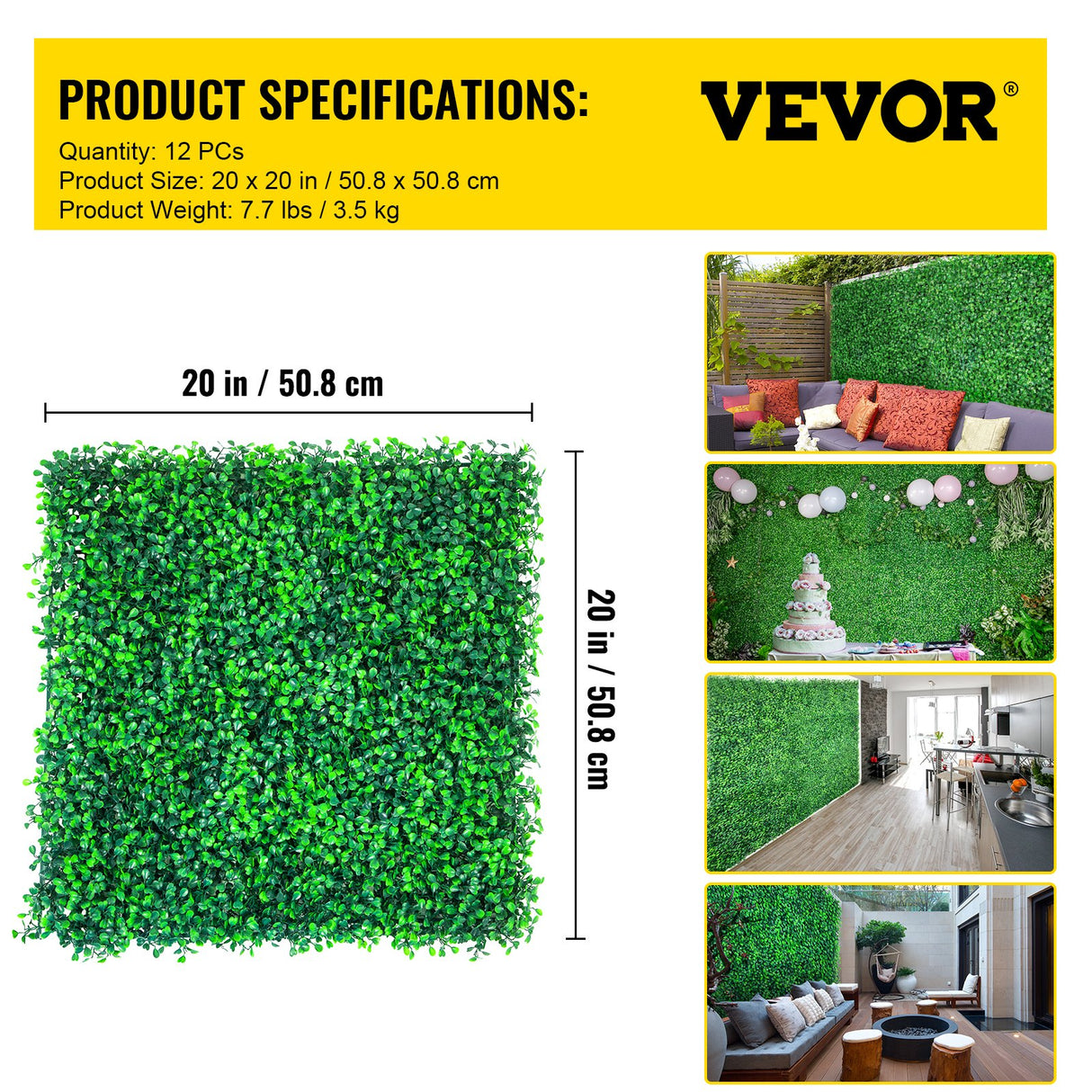 VEVOR Artificial Boxwood Panels, 12 PCS 20"x20" Boxwood Hedge Wall Panels, PE Artificial Grass Backdrop Wall 1.6", Privacy Hedge Screen for Decoration