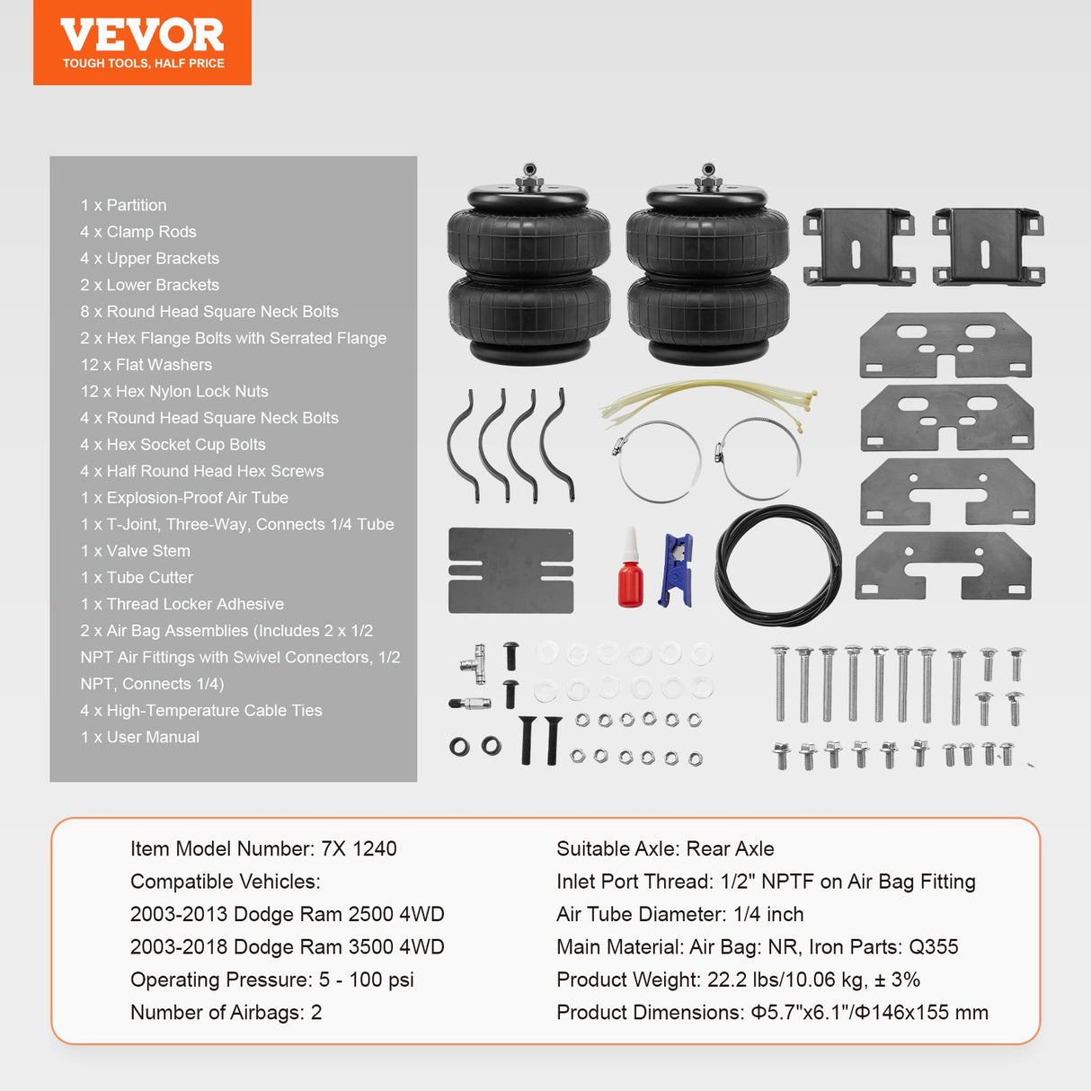 VEVOR Air Bag Suspension Kit, Air Springs Suspension Bag Kit Compatible with 2003-2013 Dodge Ram 2500 4WD, 2003-2018 Dodge Ram 3500 4WD, 5000 lbs