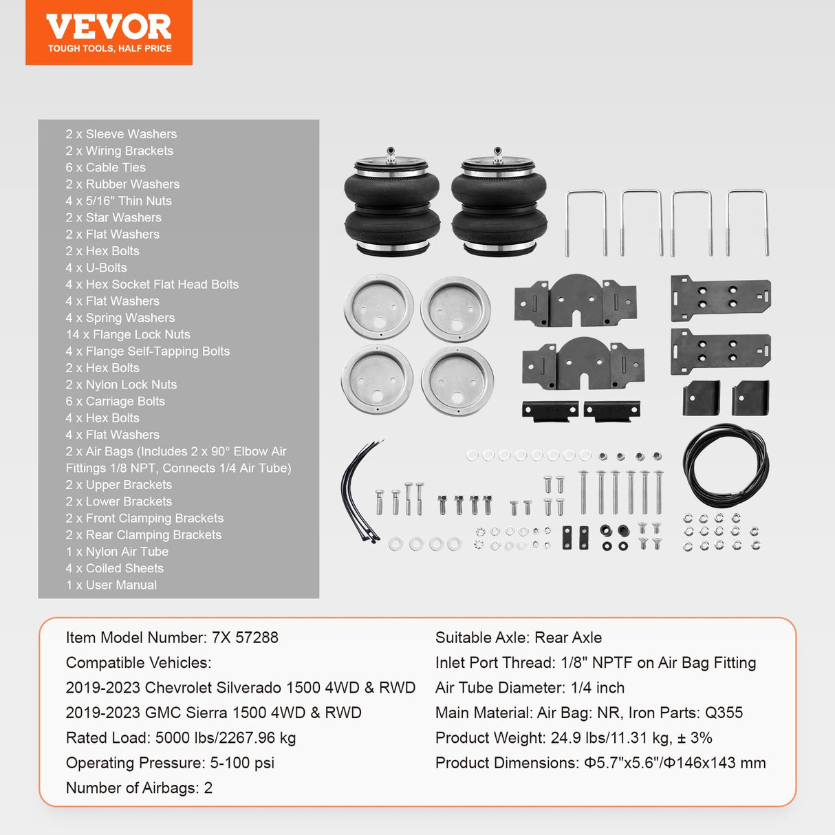 VEVOR Air Bag Suspension Kit, Air Springs Suspension Bag Kit Compatible with 2019-2023 Chevrolet Silverado 1500 and GMC Sierra 1500 4WD RWD, 5000 lbs