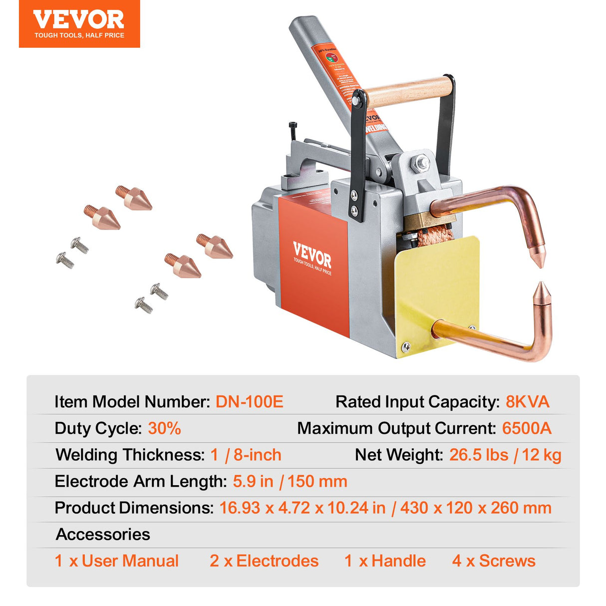 VEVOR Portable Spot Welder, 1/8-inch Thick Spot Welder Machine with 8KVA Input Capacity, Handheld Welding Tip Gun Metal Sheet Spot Welding Machine for Carbon Steel, Aluminum Sheet