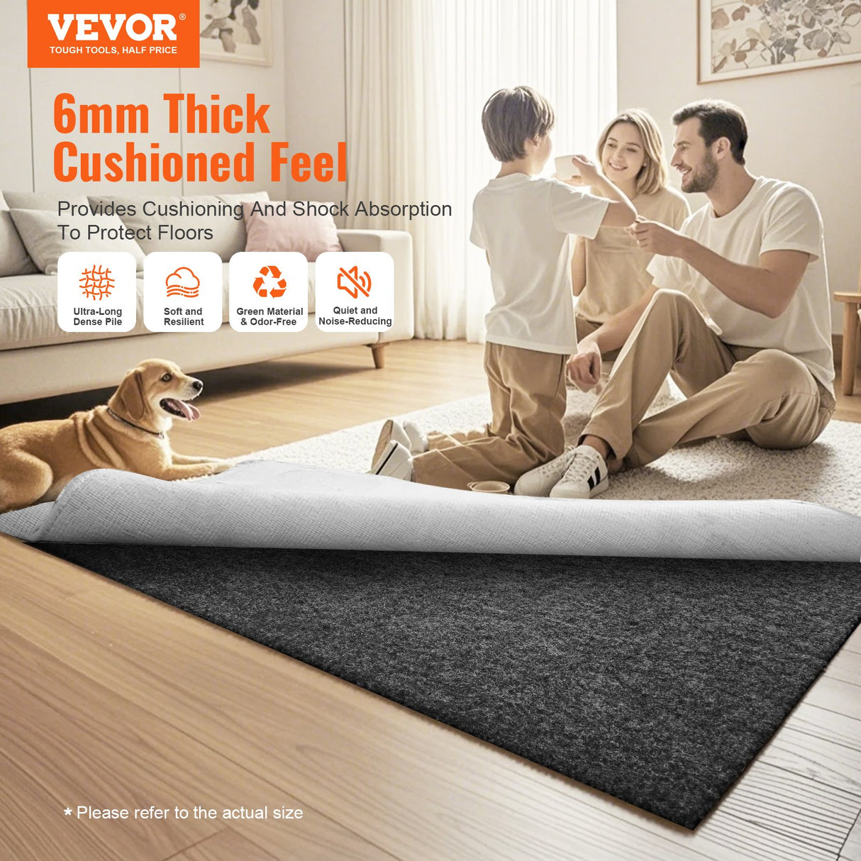 Rug Pad Without Slip Resistance, Protective Cushioning Carpet Pad, 9' x 12', 1/4"Thick, 100% Pure Polyester Felt, 10-11㎡ Premium Comfort Underfoot Carpet Padding Rug Cushion for All Floors, Gray
