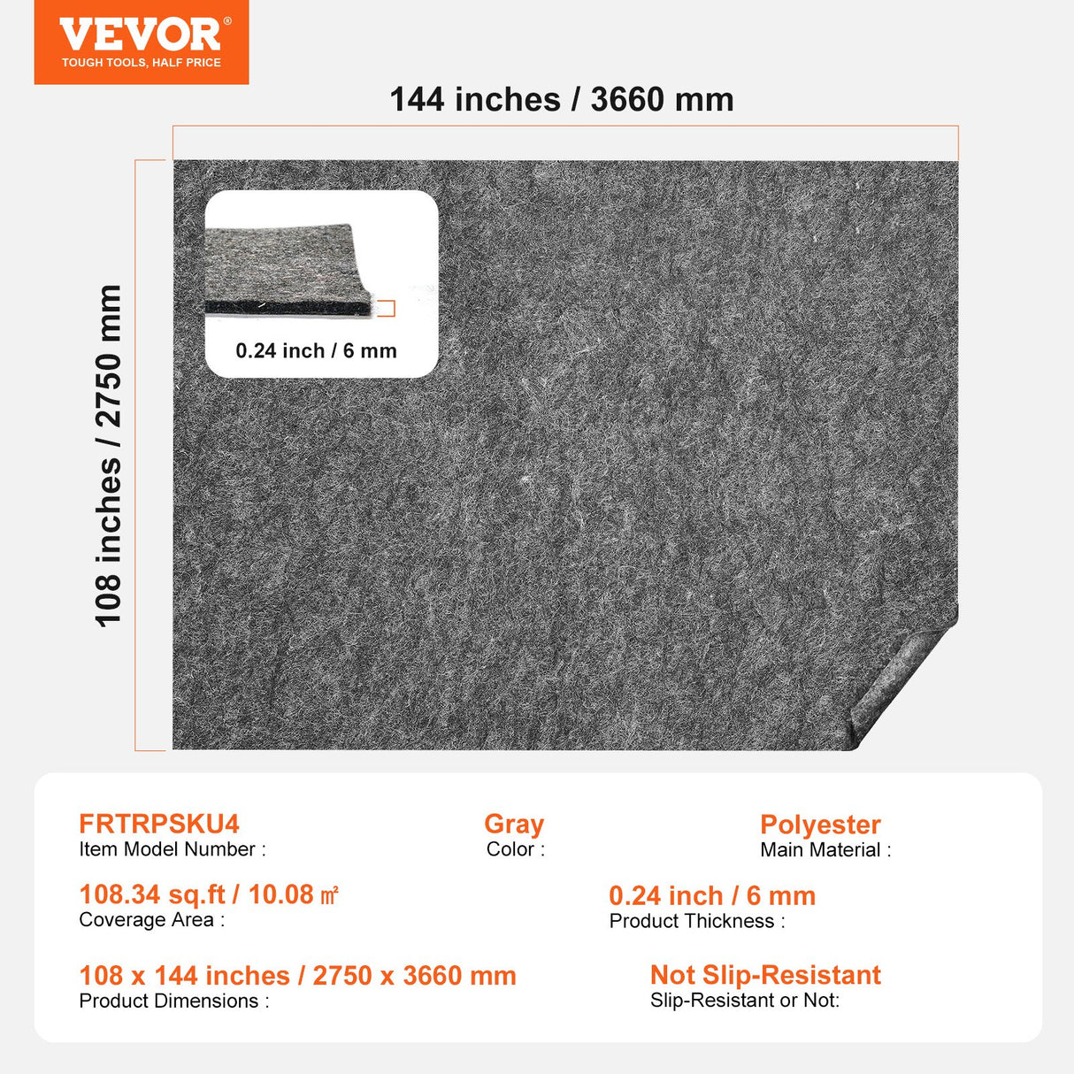 Rug Pad Without Slip Resistance, Protective Cushioning Carpet Pad, 9' x 12', 1/4"Thick, 100% Pure Polyester Felt, 10-11㎡ Premium Comfort Underfoot Carpet Padding Rug Cushion for All Floors, Gray