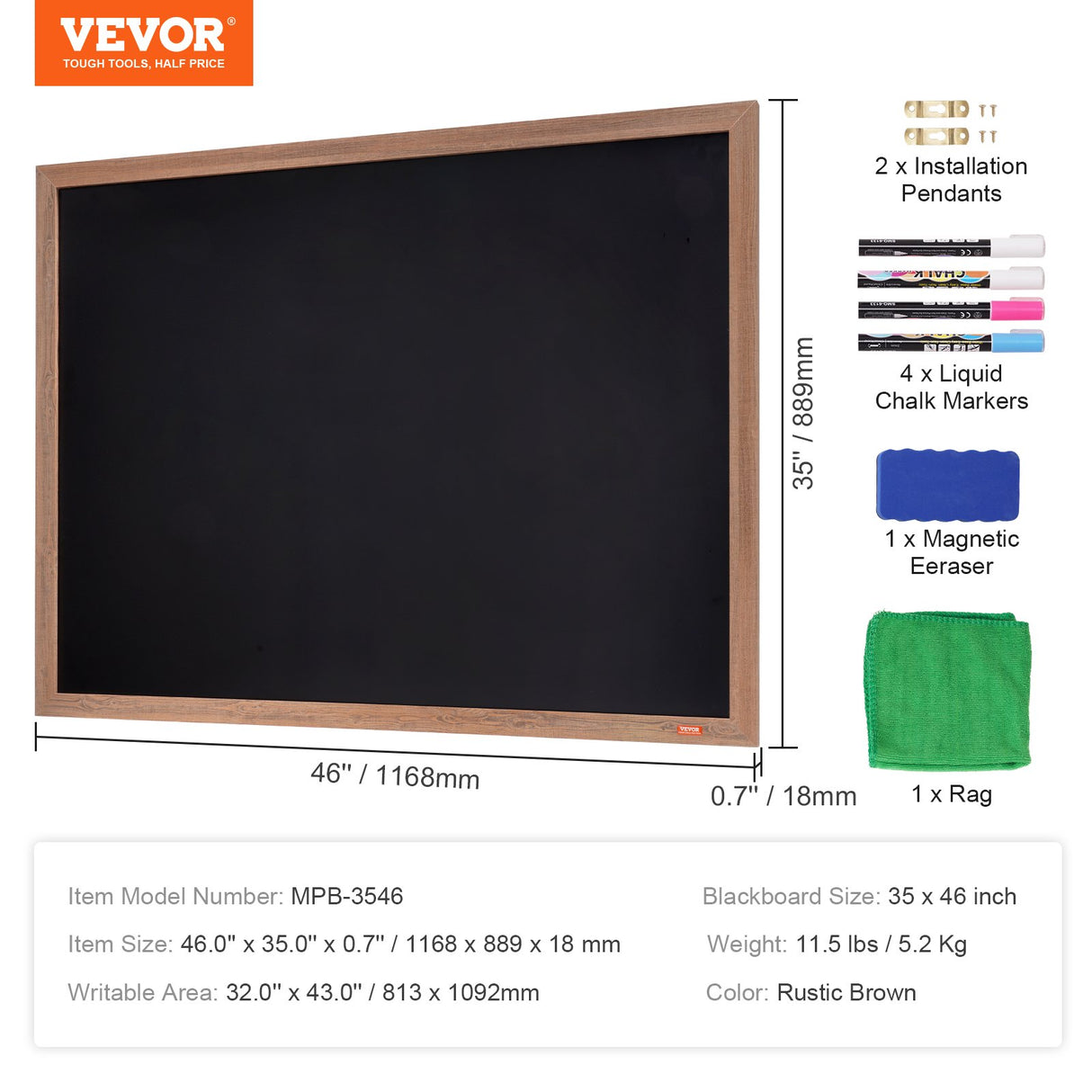 VEVOR 35"x46" Rustic Wood Framed Chalkboard Wall Hanging Magnetic Wedding Sign