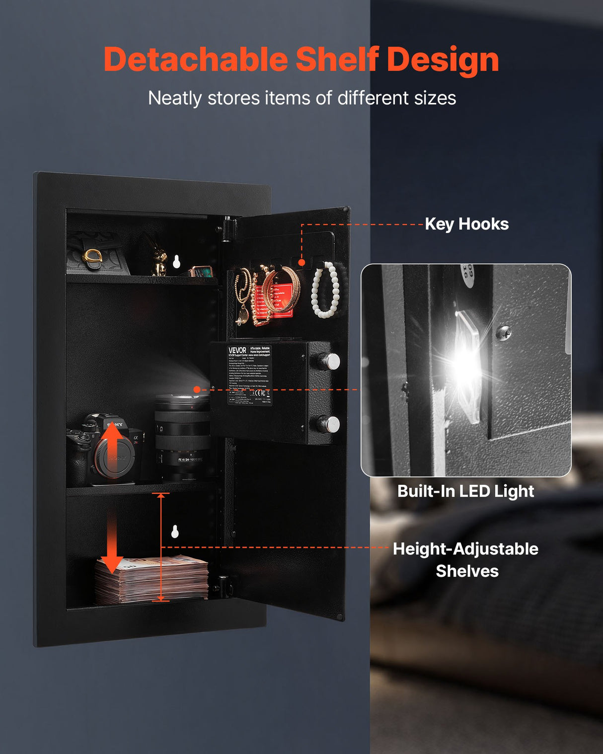 VEVOR Wall Safe, 3-Tier Hidden Wall Mounted Safe with Password & Key, Q235 Cold-Rolled Steel In-Wall Box with LED Lighting, 2 Adjustable Shelves & 5 Key Holders for Money, Jewelry, Passport, Black