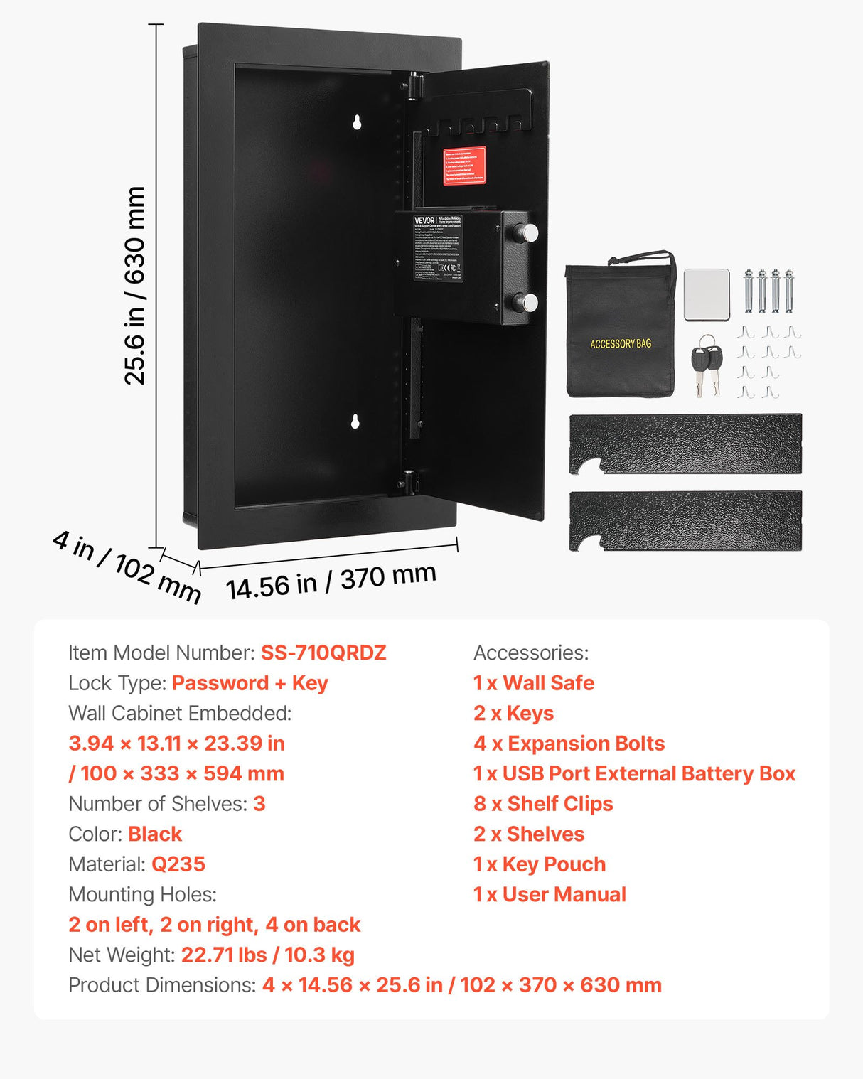 VEVOR Wall Safe, 3-Tier Hidden Wall Mounted Safe with Password & Key, Q235 Cold-Rolled Steel In-Wall Box with LED Lighting, 2 Adjustable Shelves & 5 Key Holders for Money, Jewelry, Passport, Black