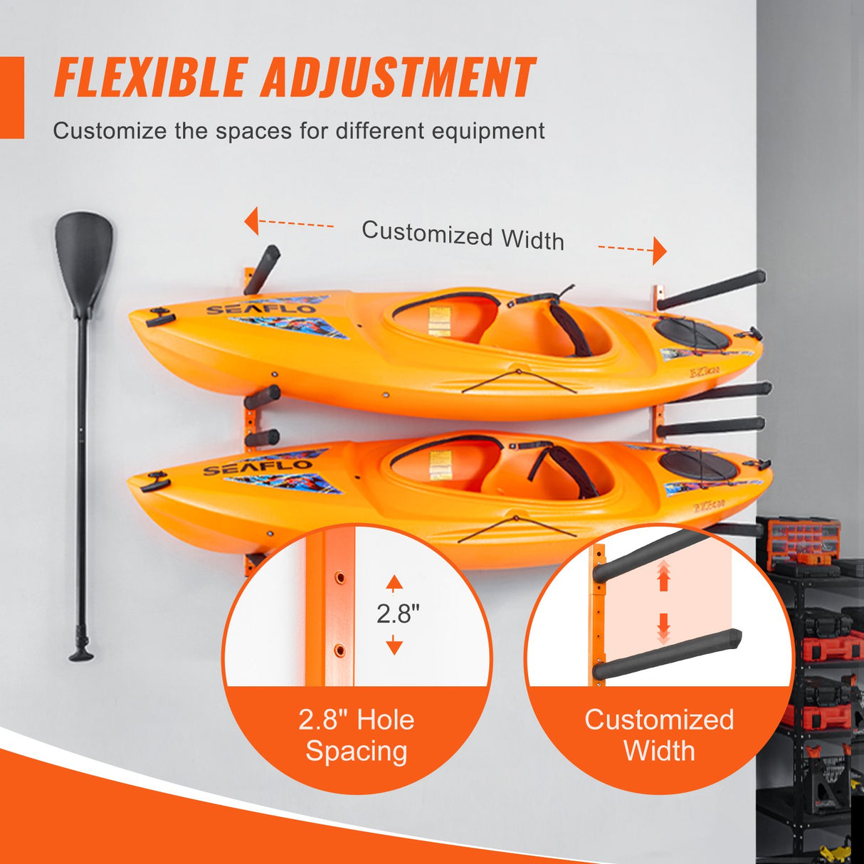VEVOR Wall Kayak Storage Rack, 4-Capacity Wall Mounted Kayak Holders for Kayak Canoe Paddle Board, Kayak Storage Hooks with Adjustable Padded Arms,