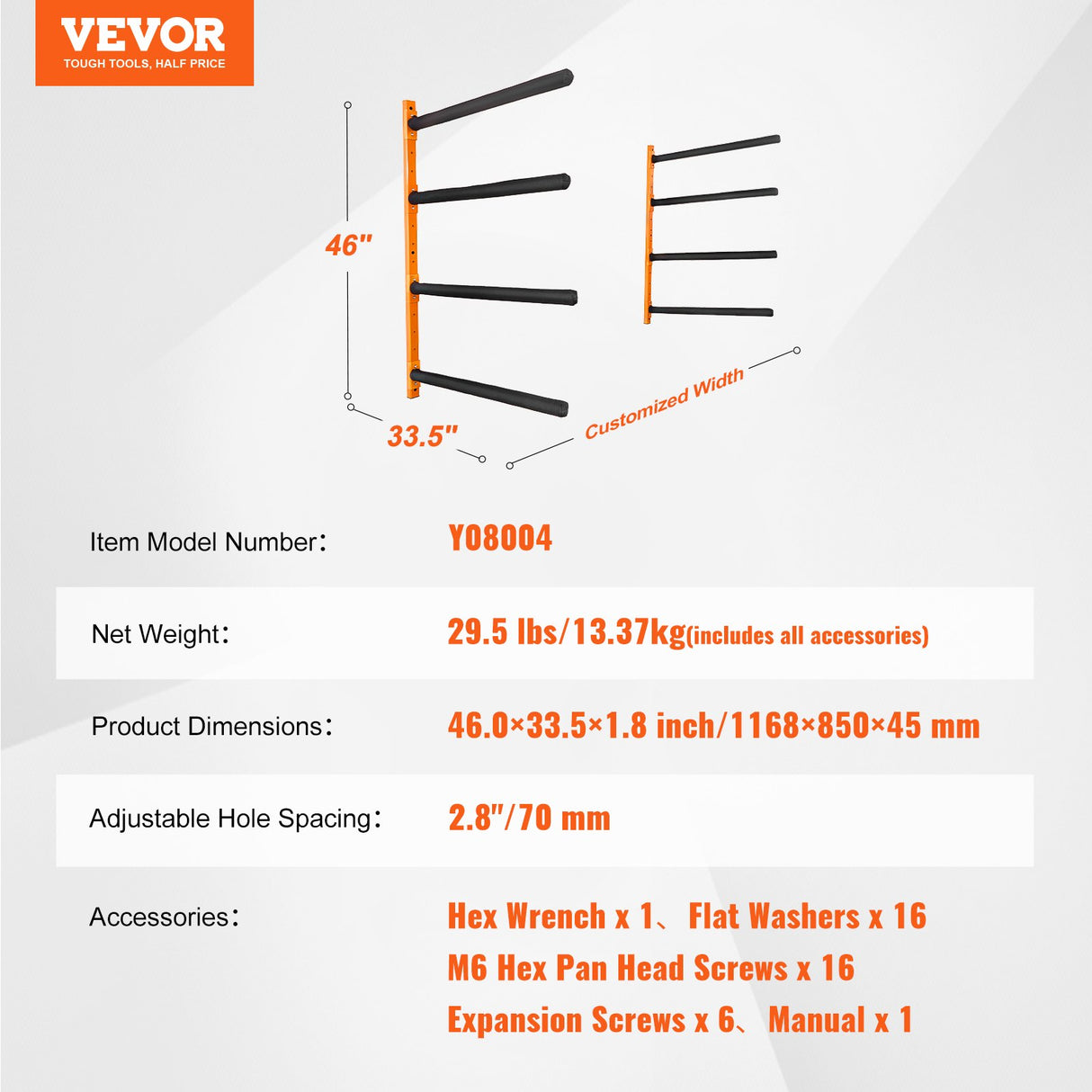 VEVOR Wall Kayak Storage Rack, 4-Capacity Wall Mounted Kayak Holders for Kayak Canoe Paddle Board, Kayak Storage Hooks with Adjustable Padded Arms, 181.6 KG Load Kayak Hanger for Indoor Outdoor Garage