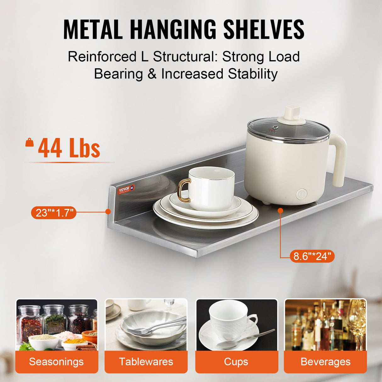 VEVOR 8.6" x 24" Stainless Steel Shelf, Wall Mounted Floating Shelving with Backsplash, 44 lbs Load Capacity Commercial Shelves, Heavy Duty Storage