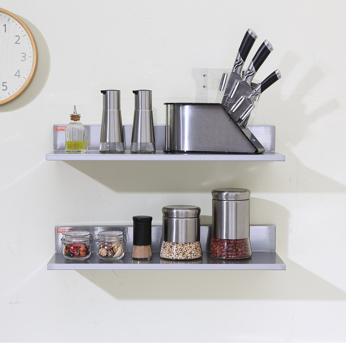 VEVOR 8.6" x 24" Stainless Steel Shelf, Wall Mounted Floating Shelving with Backsplash, 44 lbs Load Capacity Commercial Shelves, Heavy Duty Storage