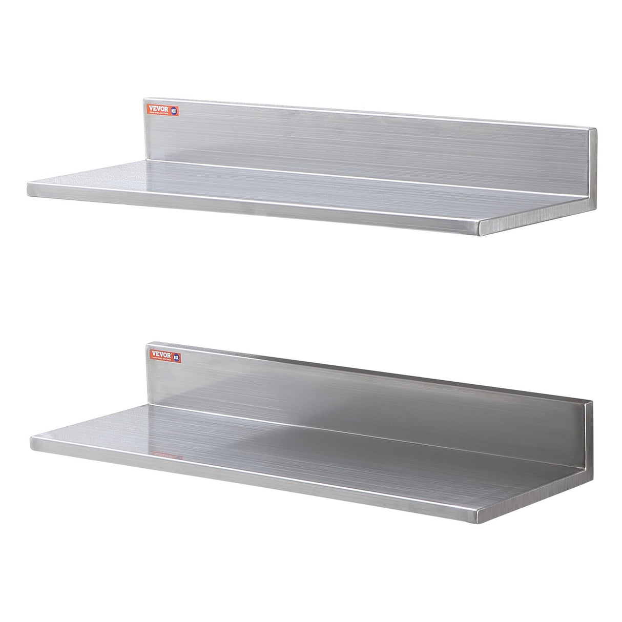 VEVOR 8.6" x 24" Stainless Steel Shelf, Wall Mounted Floating Shelving with Backsplash, 44 lbs Load Capacity Commercial Shelves, Heavy Duty Storage Rack for Restaurant, Kitchen, Bar, Home, and Hotel (2 Packs)
