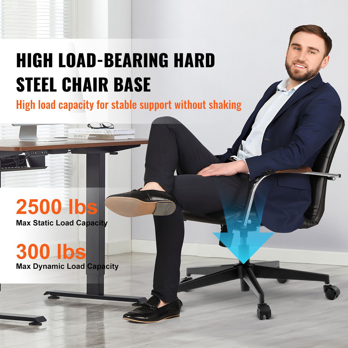 Office Chair Base Replacement, 710 mm, 1134 kg Static Load Capacity, Heavy Duty Universal Computer Desk Chair Stool Base Part with Reinforced Metal Legs, Desk Chair Base Replacement Parts, Black