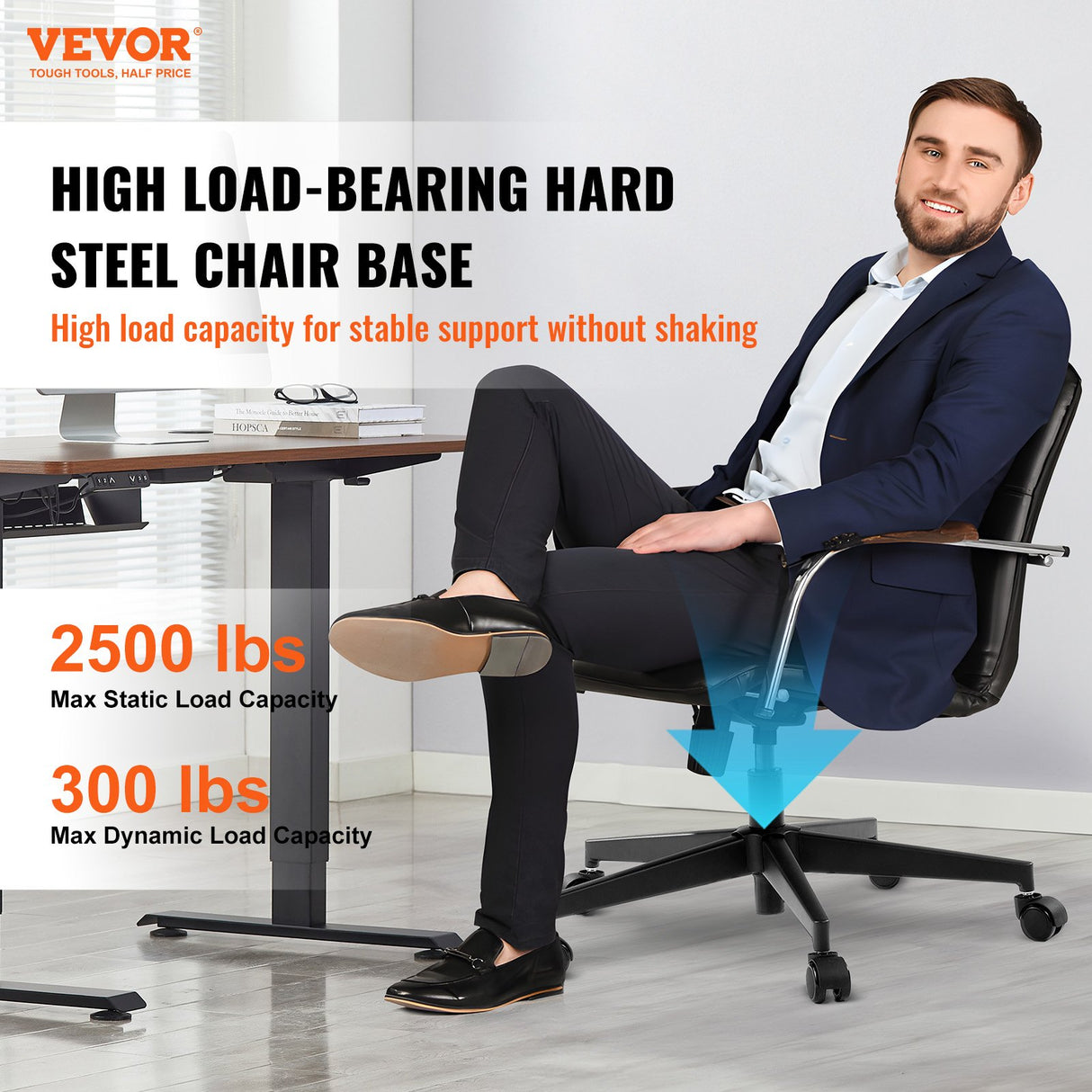 VEVOR Office Chair Base Replacement, 710 mm, 1134 kg Static Load Capacity, Heavy Duty Universal Computer Desk Chair Stool Base Part with Reinforced Metal Legs, Desk Chair Base Replacement Parts, Black
