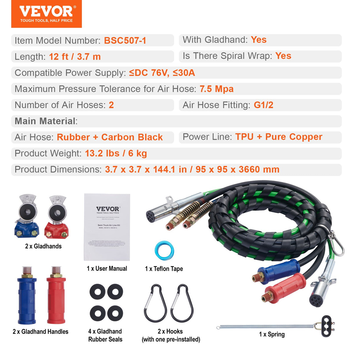 VEVOR 12FT Semi Truck Air Lines Kit with 2PCS Glad Hands, 3-in-1 Air Hoses & 7 Way ABS Electric Power Line, with 2PCS Gladhand Handles, 4PCS Seals and