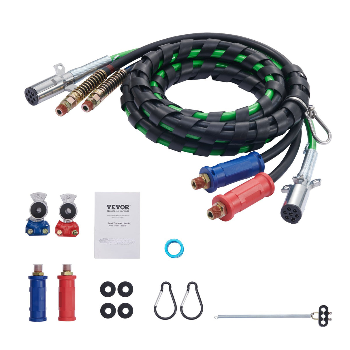 VEVOR 12FT Semi Truck Air Lines Kit with 2PCS Glad Hands, 3-in-1 Air Hoses & 7 Way ABS Electric Power Line, with 2PCS Gladhand Handles, 4PCS Seals and