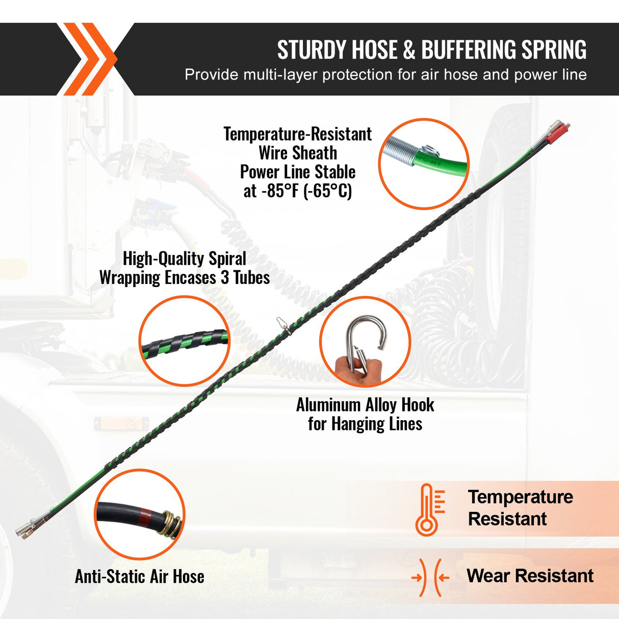 VEVOR 12FT Semi Truck Air Lines Kit, 3-in-1 Air Hoses & ABS Power Line for Semi Truck Trailer Tractor, 7-Way Plug Electrical Cord Cable and Rubber Air Lines Hose Assembly Kit with Hook & Teflon Tape