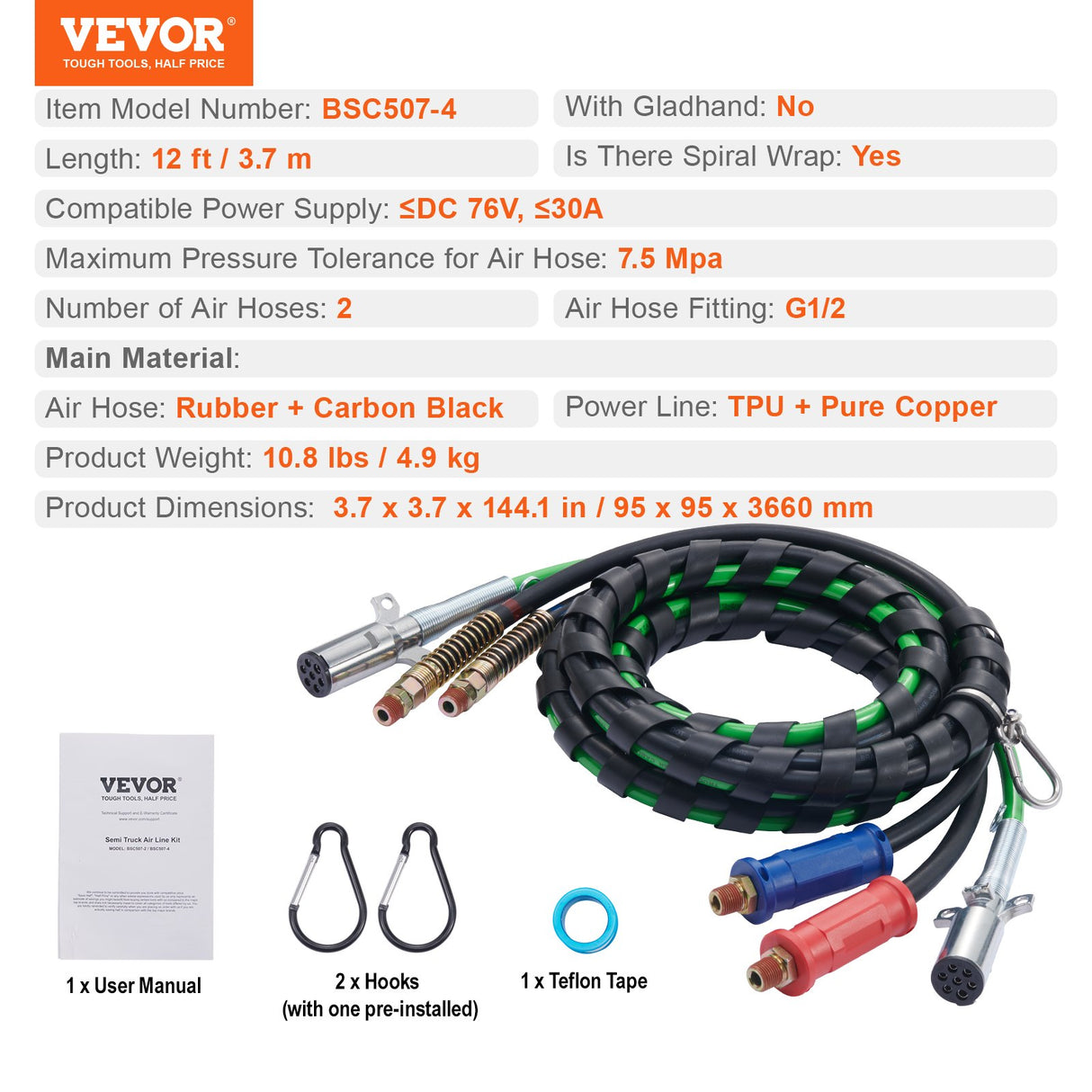 VEVOR 12FT Semi Truck Air Lines Kit, 3-in-1 Air Hoses & ABS Power Line for Semi Truck Trailer Tractor, 7-Way Plug Electrical Cord Cable and Rubber Air Lines Hose Assembly Kit with Hook & Teflon Tape