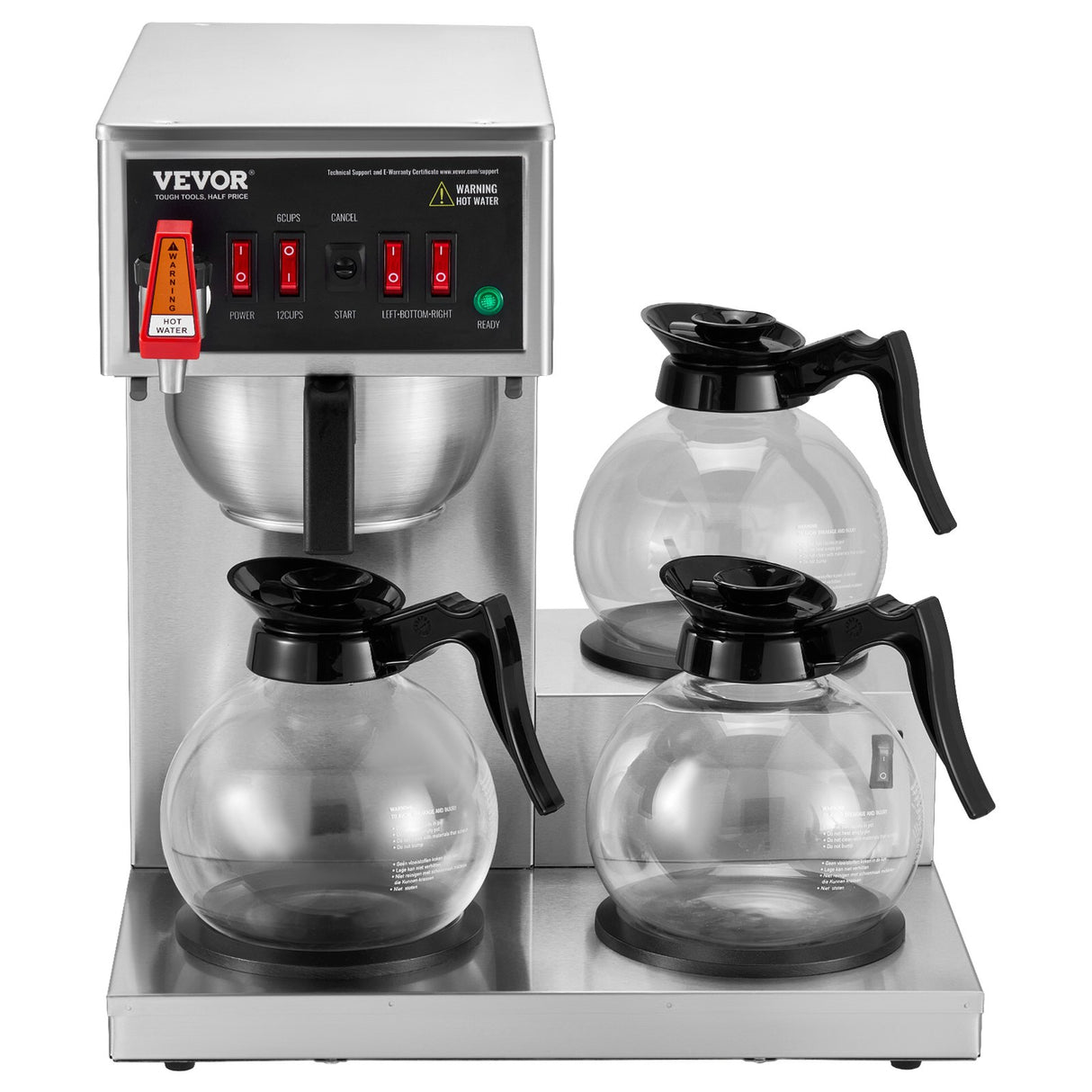 VEVOR 12 Cups Commercial Drip Coffee Maker with 3 Glass Carafes and 3 Warmers