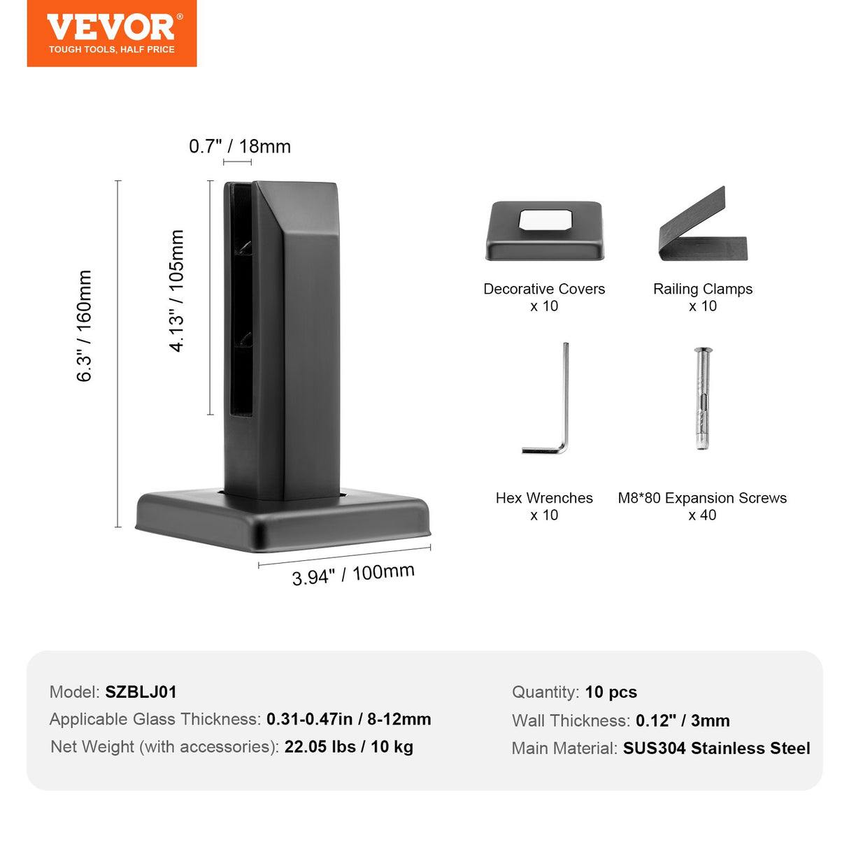 VEVOR Glass Clamp, 10 PCS Square Glass Railing Bracket for 0.31 "-0.47 " Tempered Glass, 304 Stainless Steel Glass Mounting Clamp, 0.12??Thick Glass