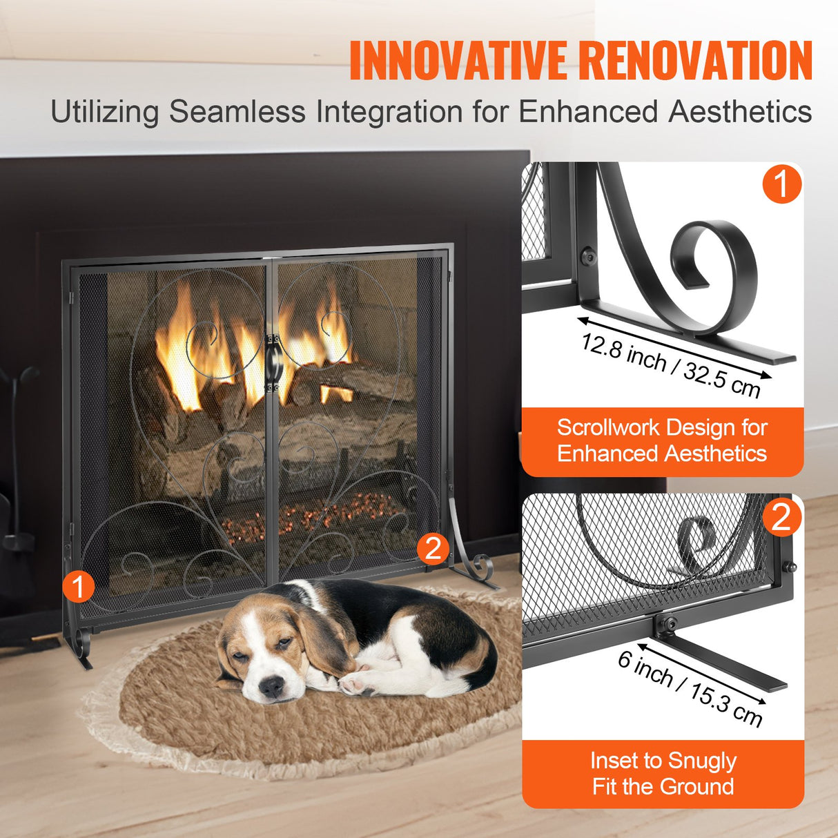 VEVOR 990x802MM Fireplace Screen 2-Panel Iron Mesh Spark Guard Vintage Black