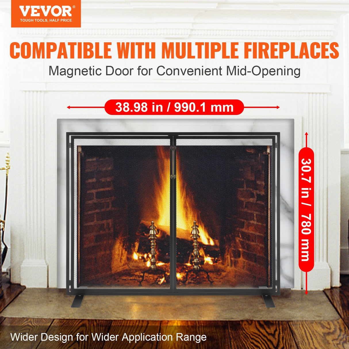 Fireplace Screen 1 Panel with Door, Sturdy Iron Mesh Fireplace Screen, 990(L) x780(H)MM Spark Guard Cover, Simple Installation, Free Standing Fire Fence Grate for Living Room Home Decor Modern
